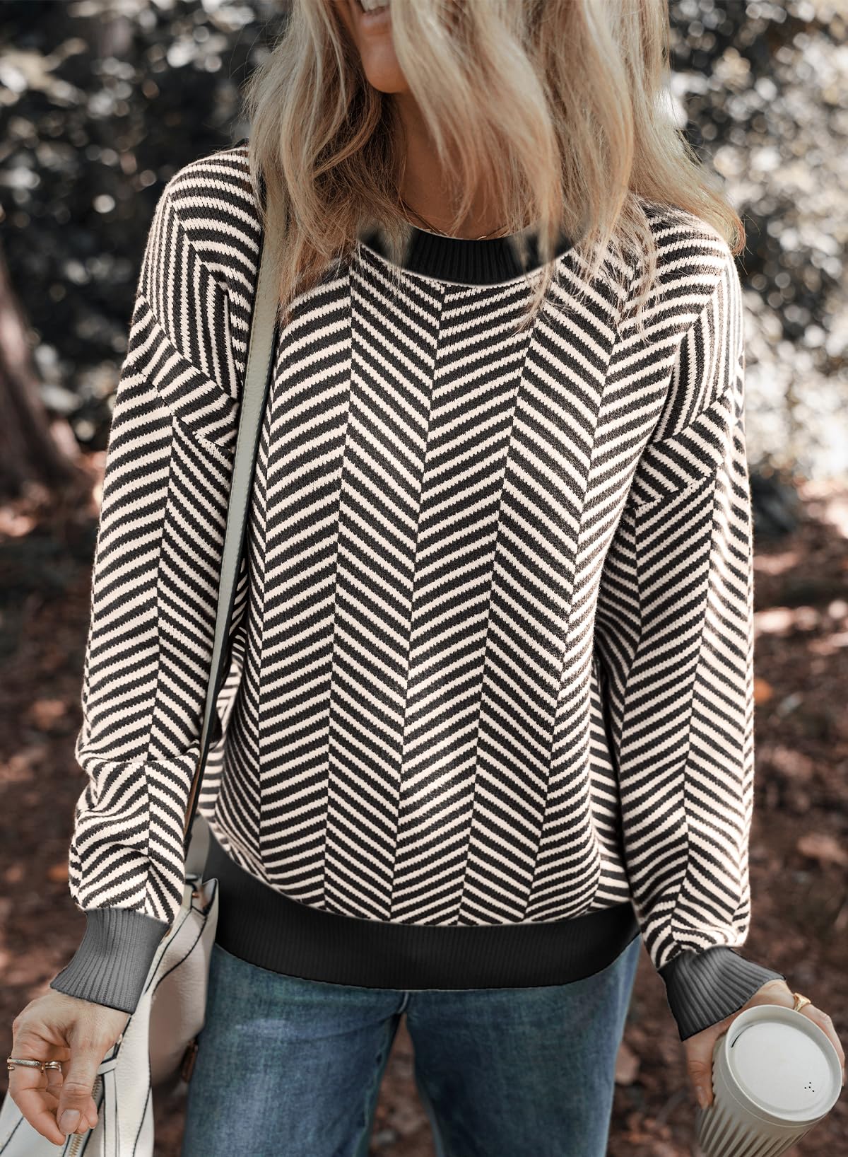 Dokotoo Damen Pullover Elegant Rundhals Gestreifter Strickpullover Warm Herbst Winterpullover Pulli Sweater S-XXL