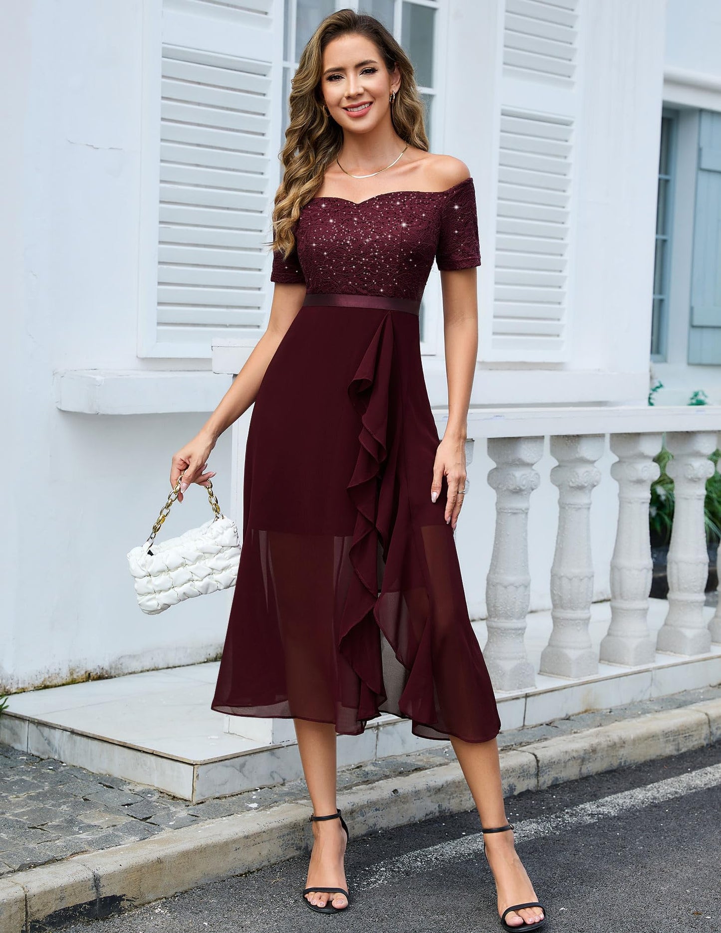 Berylove Abendkleid Damen Lang Glitzer Kleid Cocktailkleid Elegant für Hochzeit Off Shoulder Kleid Ballkleid