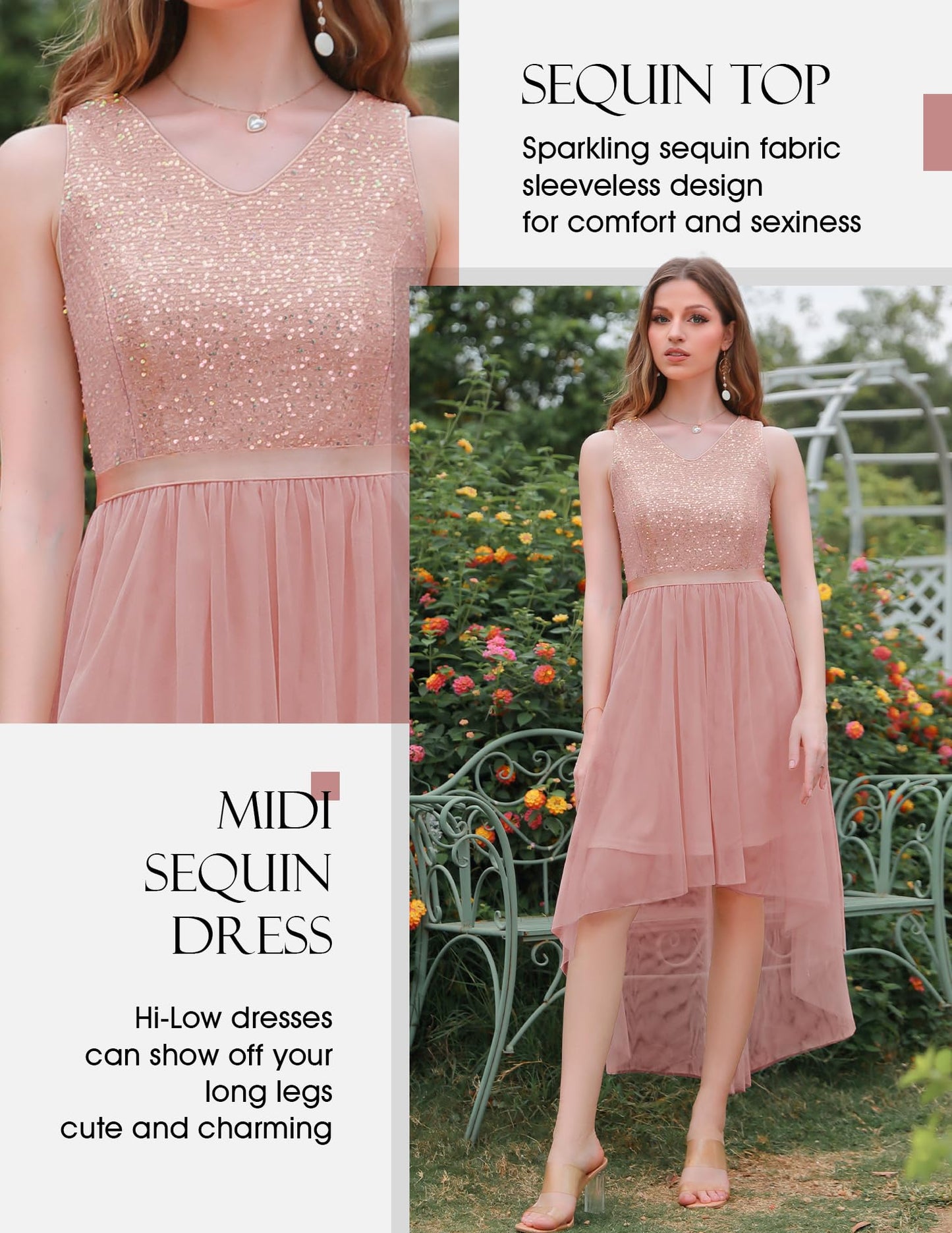 Berylove Kleid Festlich Damen Abendkleid mit Pailletten Cocktailkleid Ballkleid Lang Glitzer V Ausschnitt Ärmellos Tüllkleid