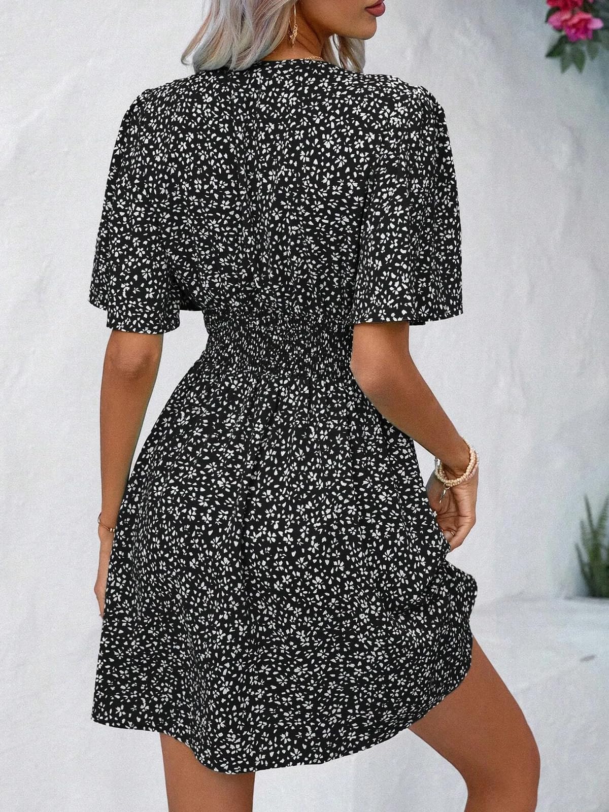 LIAMERHE Damen Elegant Kleid Langarm/Kurze Ärmel V-Ausschnitt Casual Kleider A-Linie Blumenmuster Minikleid Freizeitkleider Sommer Herbst Winter Laternenärmeln Kleid Partykleid