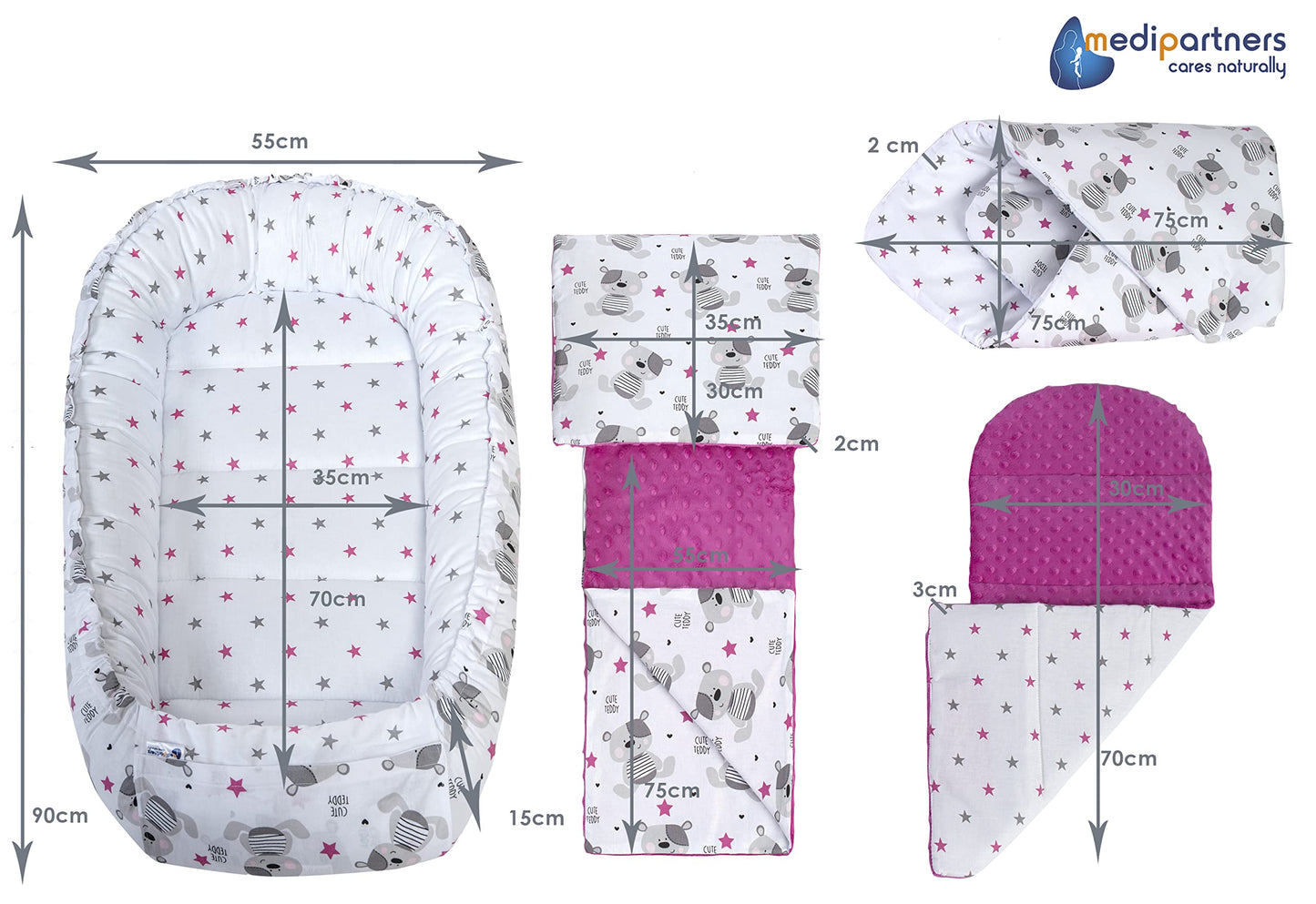 Medi Partners Babynest Nestchen Baby Set für Neugeborene - 100x60x15 Kuschelnest 5 teilig tragbar Nest zweiseitig Babynestchen Bett 100% Baumwolle (Lichtung mit grauem Minky)