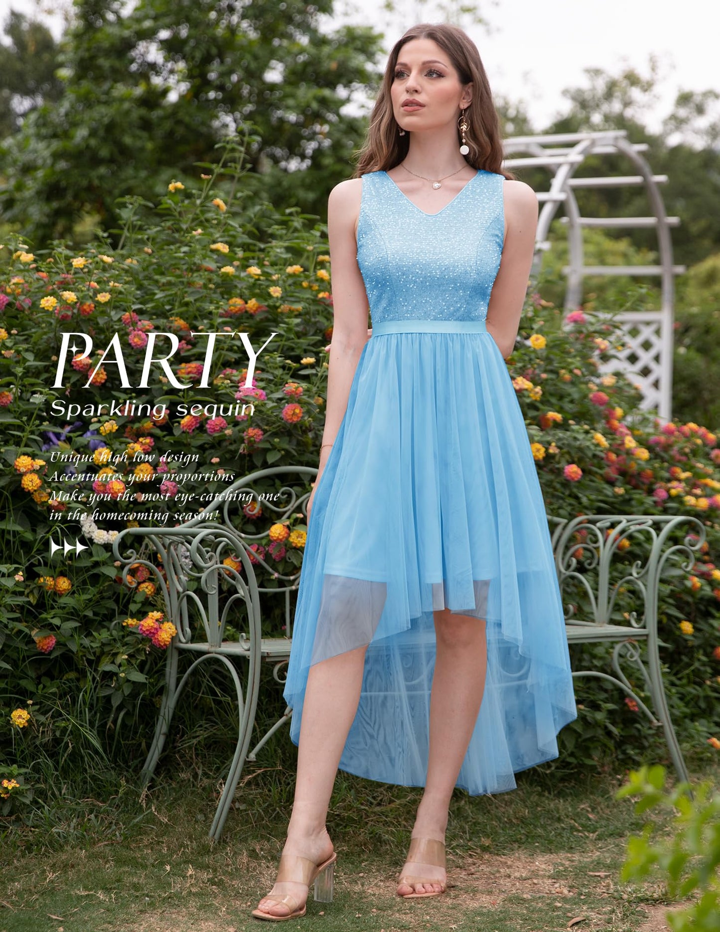 Berylove Kleid Festlich Damen Abendkleid mit Pailletten Cocktailkleid Ballkleid Lang Glitzer V Ausschnitt Ärmellos Tüllkleid