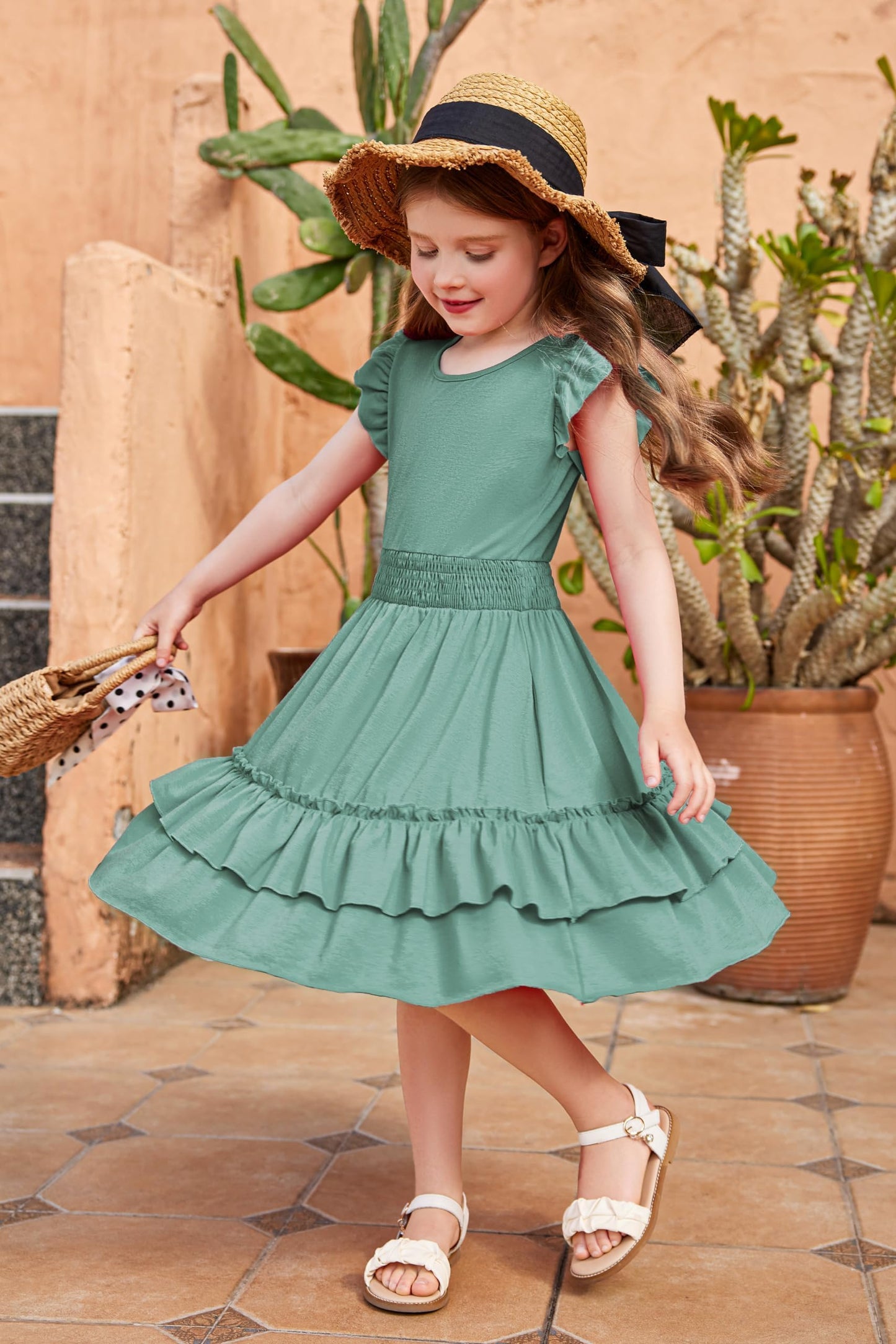 Arshiner Mädchen Kleider Flatterärmel Kinder Sommer Baumwolle Festliche Kleid A-Linie Taille Einschnüren Freizeitkleid Swingkleid Elegant ärmelloses Kleid für Mädchen 5-13 Jahre