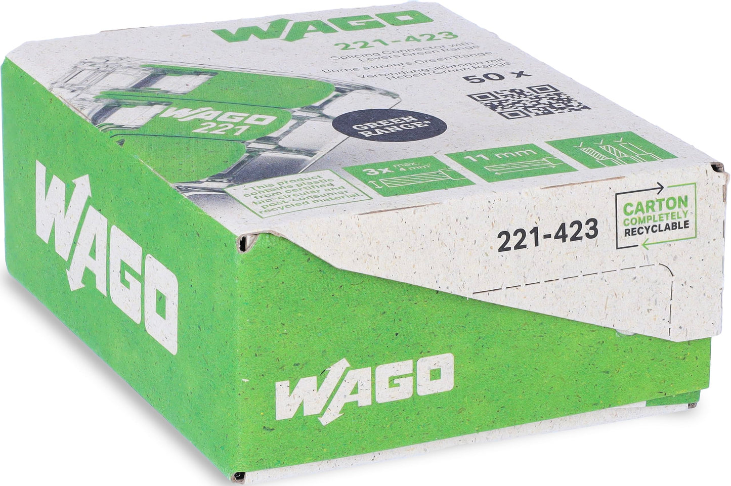 WAGO Verbindungsklemmen 221-413 | 3 Leiter, bis 4 mm², 50 Stück, COMPACT Kabelverbinder mit Hebel für alle Leiterarten weltweit, bestätigte Anwendungssicherheit