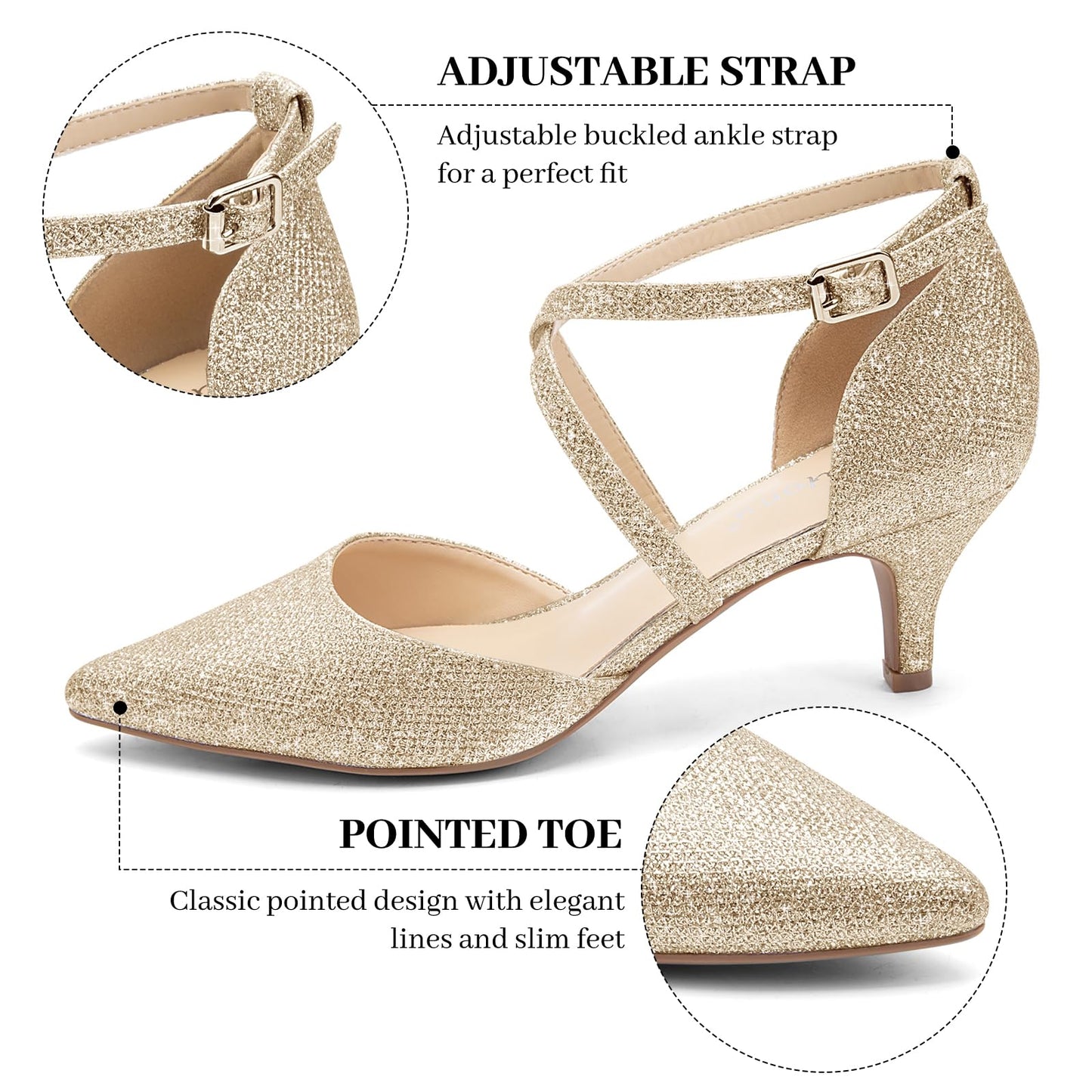Greatonu Women's Pointed Toe Court Shoes with Ankle Strap and Kitten Heel