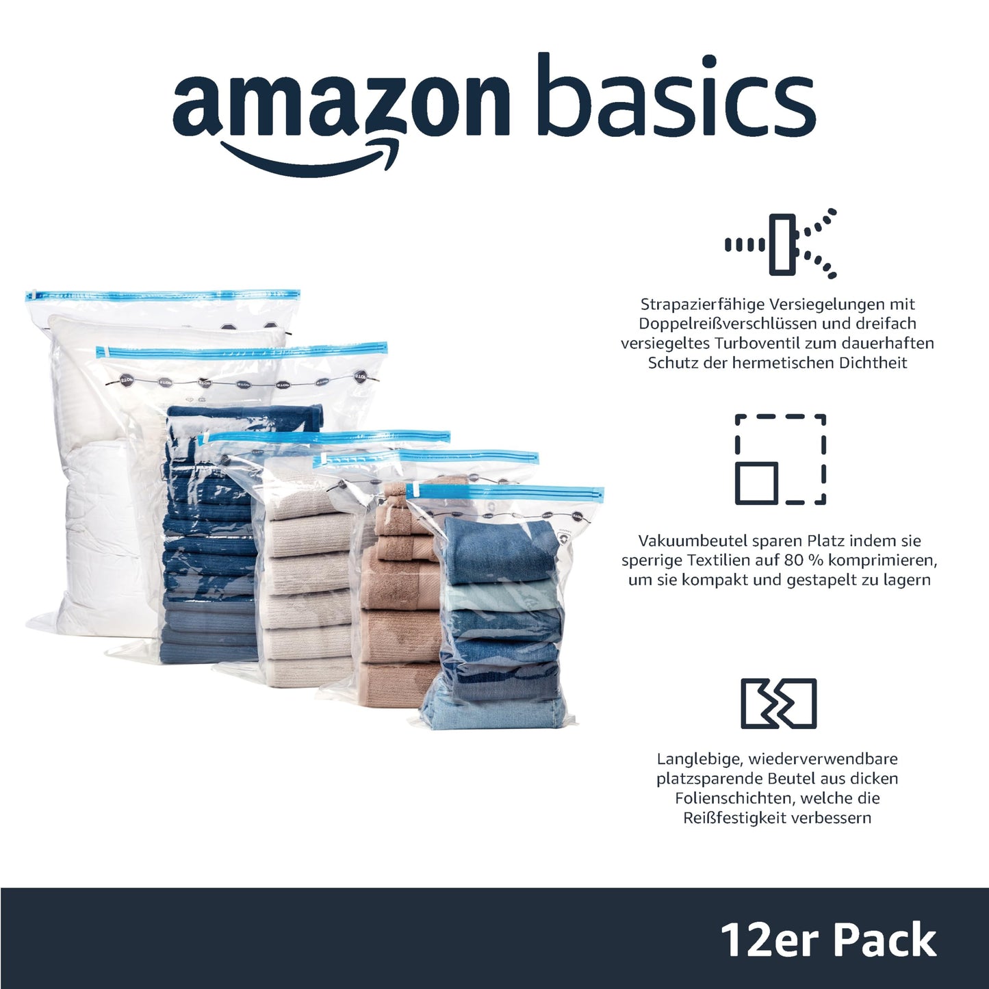 Amazon Basics Vakuumbeutel für Kleidung mit Luftdichtem Ventil und Handpumpe - Jumbo, 6er-Pack, Reißverschluss, Durchsichtig
