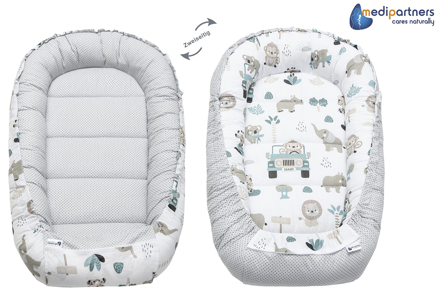 Medi Partners Babynest Nestchen Baby Set für Neugeborene - 100x60x15 Kuschelnest 5 teilig tragbar Nest zweiseitig Babynestchen Bett 100% Baumwolle (Lichtung mit grauem Minky)