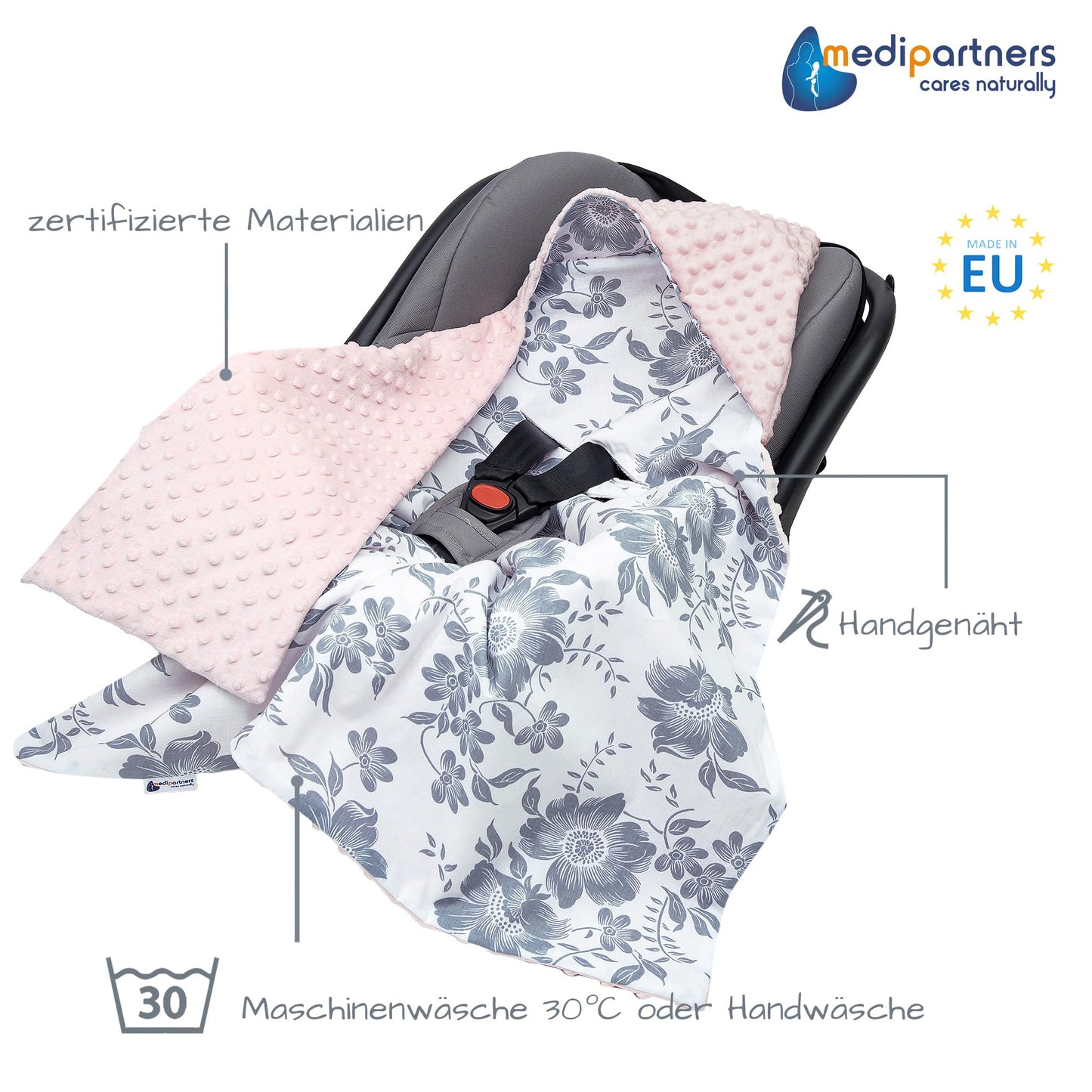Medi Partners Einschlagdecke Baby Babyschale 100% Baumwolle für Sommer 85x85cm Kinderwagen Kuscheldecke universal Baby Decke Einschlagdecken Babydecke Buggy Autositz (weiße Sterne mit grauen Minky