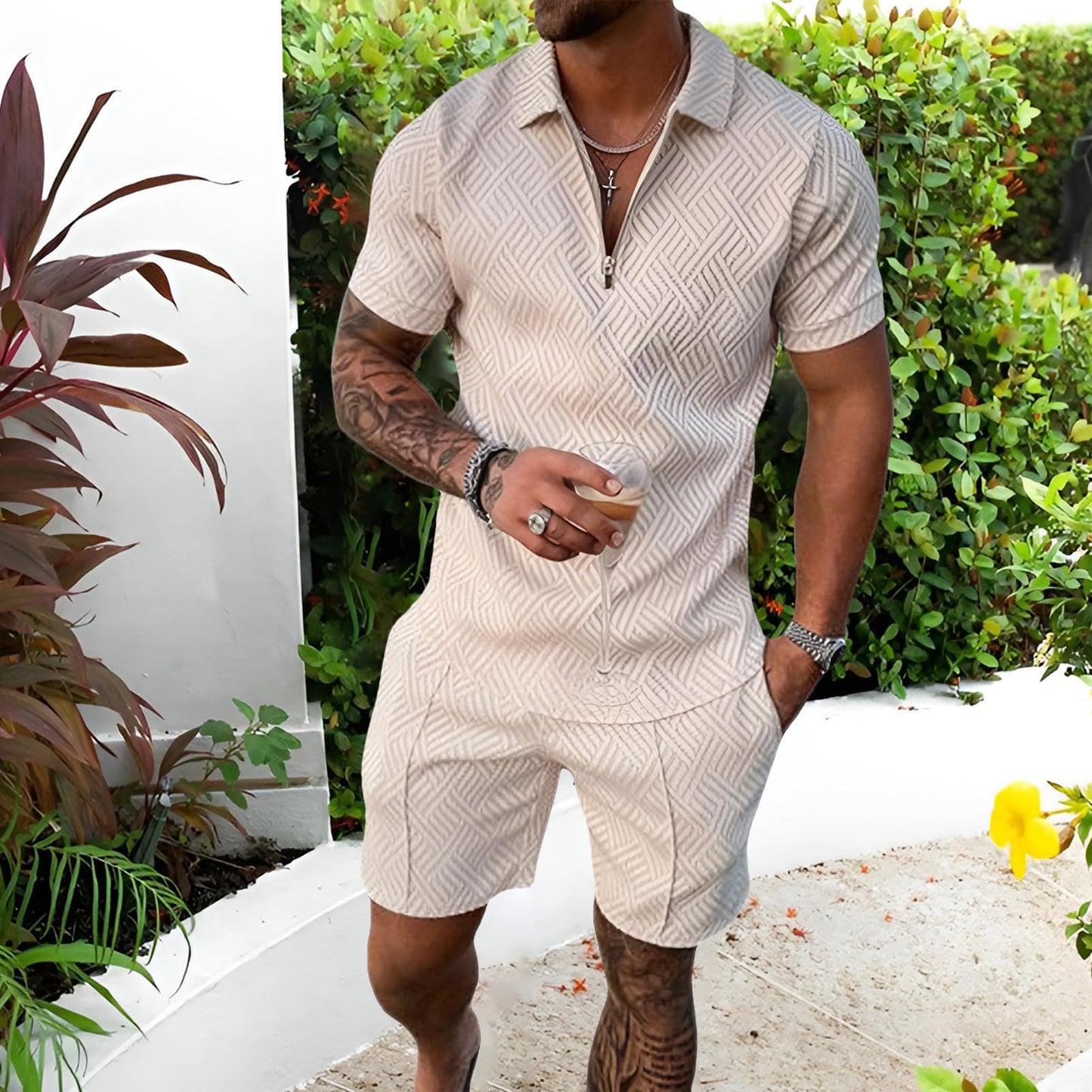 Herren Sportanzug Sommer Trainingsanzug Kurzarm Reißverschluss Top und Shorts Kleidung Set
