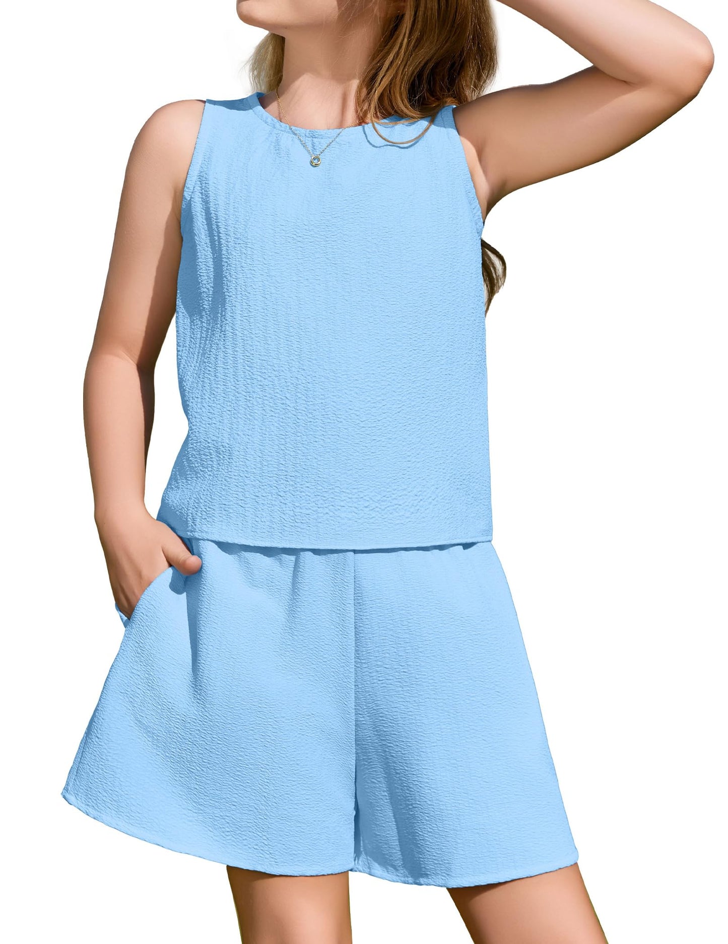 Arshiner Bekleidungssets Mädchen Sommer Lässige Mode Kinder Zweiteilig Kleidung Sets Shorts Einfarbig Tanktop und Shorts Sets Kinder 2-teiliges Strand-Outfits 5-13 Jahre