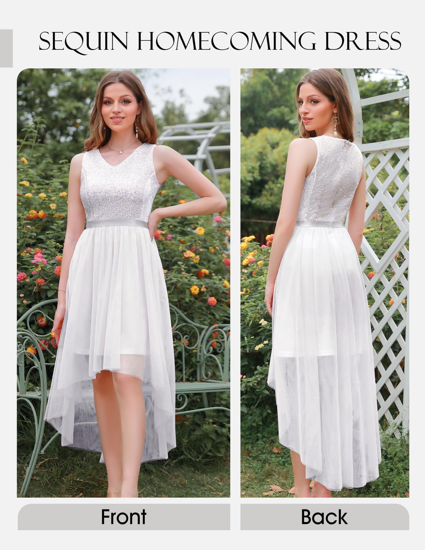 Berylove Kleid Festlich Damen Abendkleid mit Pailletten Cocktailkleid Ballkleid Lang Glitzer V Ausschnitt Ärmellos Tüllkleid