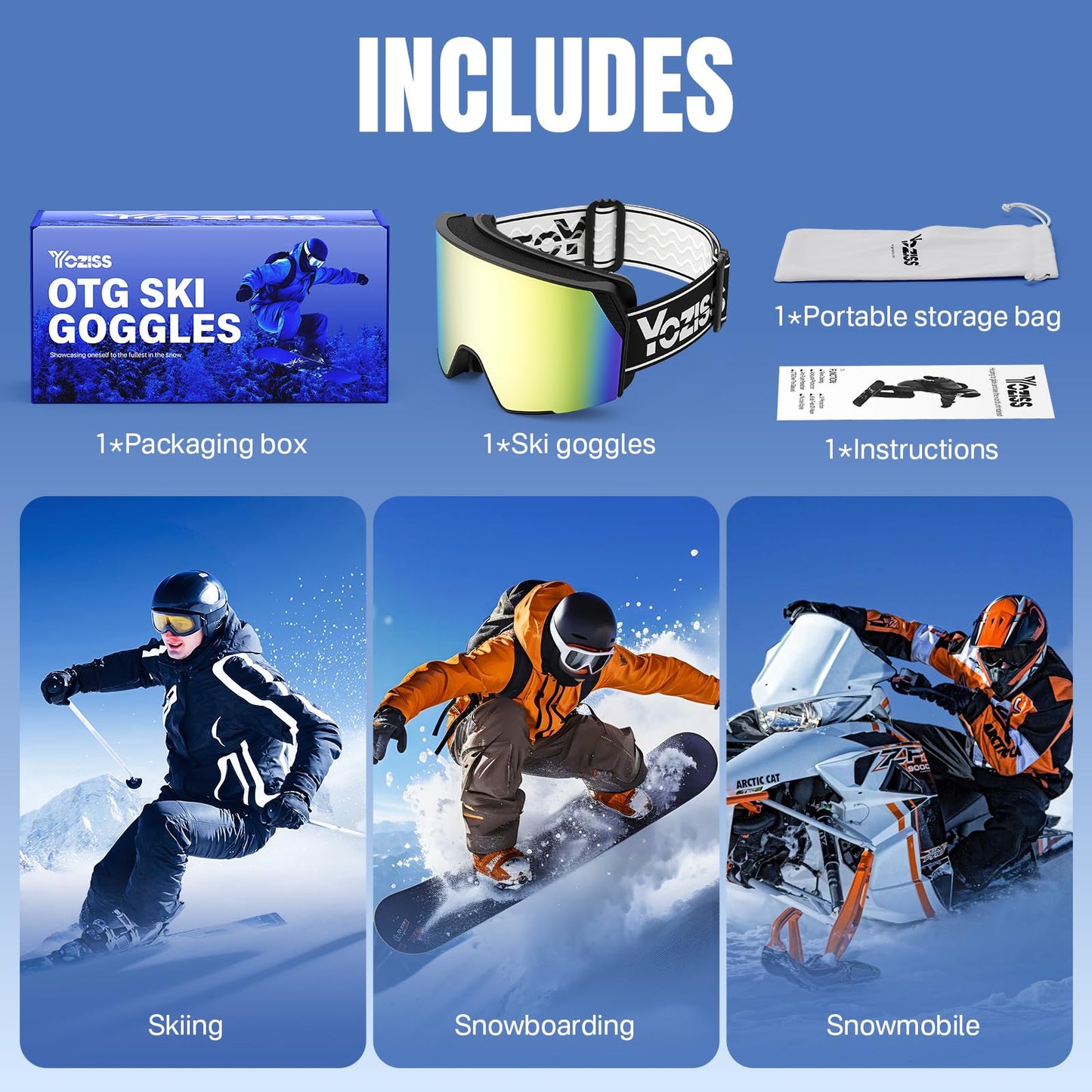 YOZISS OTG Ski Goggles for Men and Women, Magnetic Snowboard Goggles Anti-Fog & 100% UV Protection, OTG Ski Goggles Snow Goggles for Skiing & Winter Sports