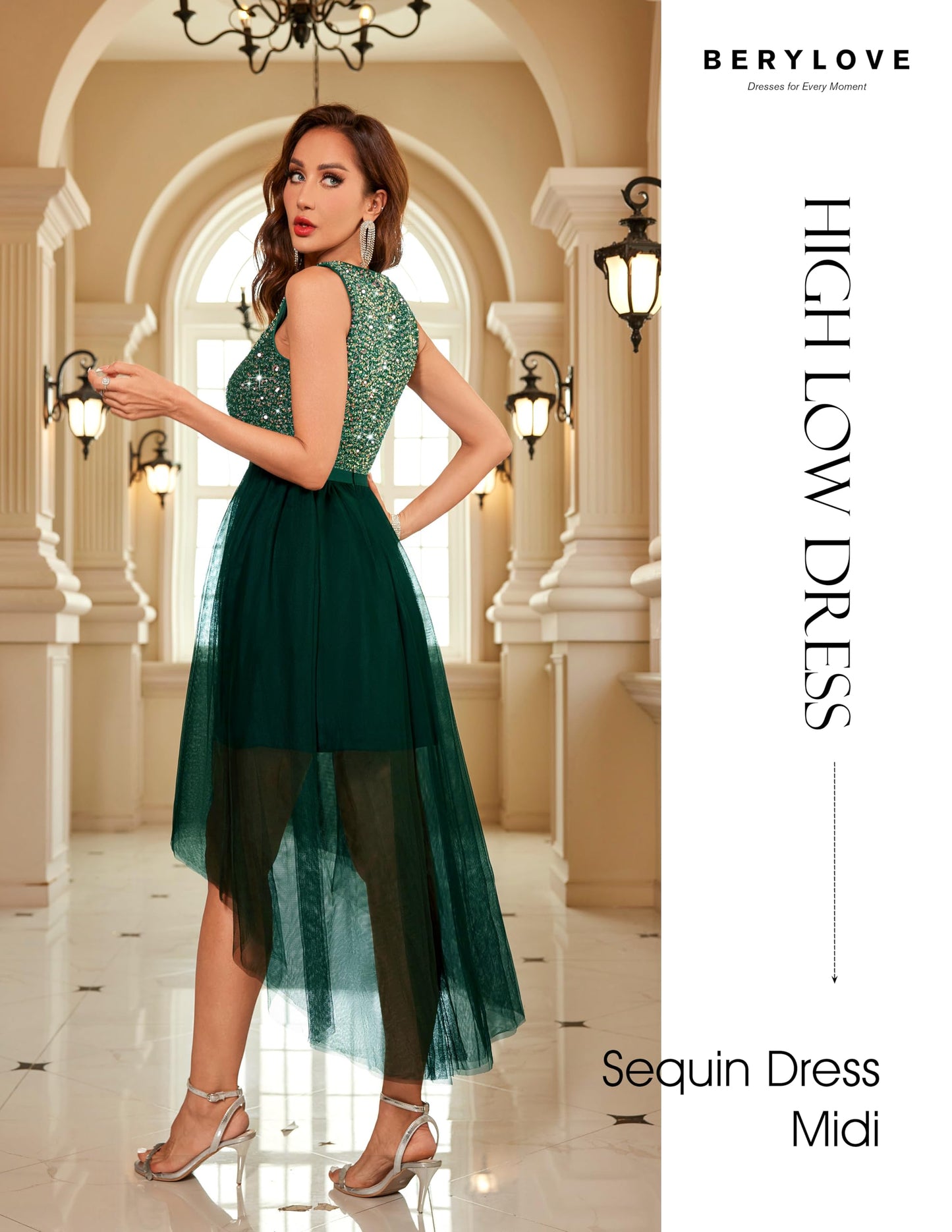 Berylove Kleid Festlich Damen Abendkleid mit Pailletten Cocktailkleid Ballkleid Lang Glitzer V Ausschnitt Ärmellos Tüllkleid