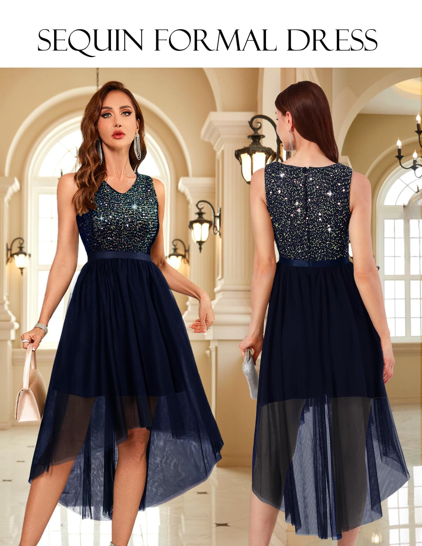 Berylove Kleid Festlich Damen Abendkleid mit Pailletten Cocktailkleid Ballkleid Lang Glitzer V Ausschnitt Ärmellos Tüllkleid