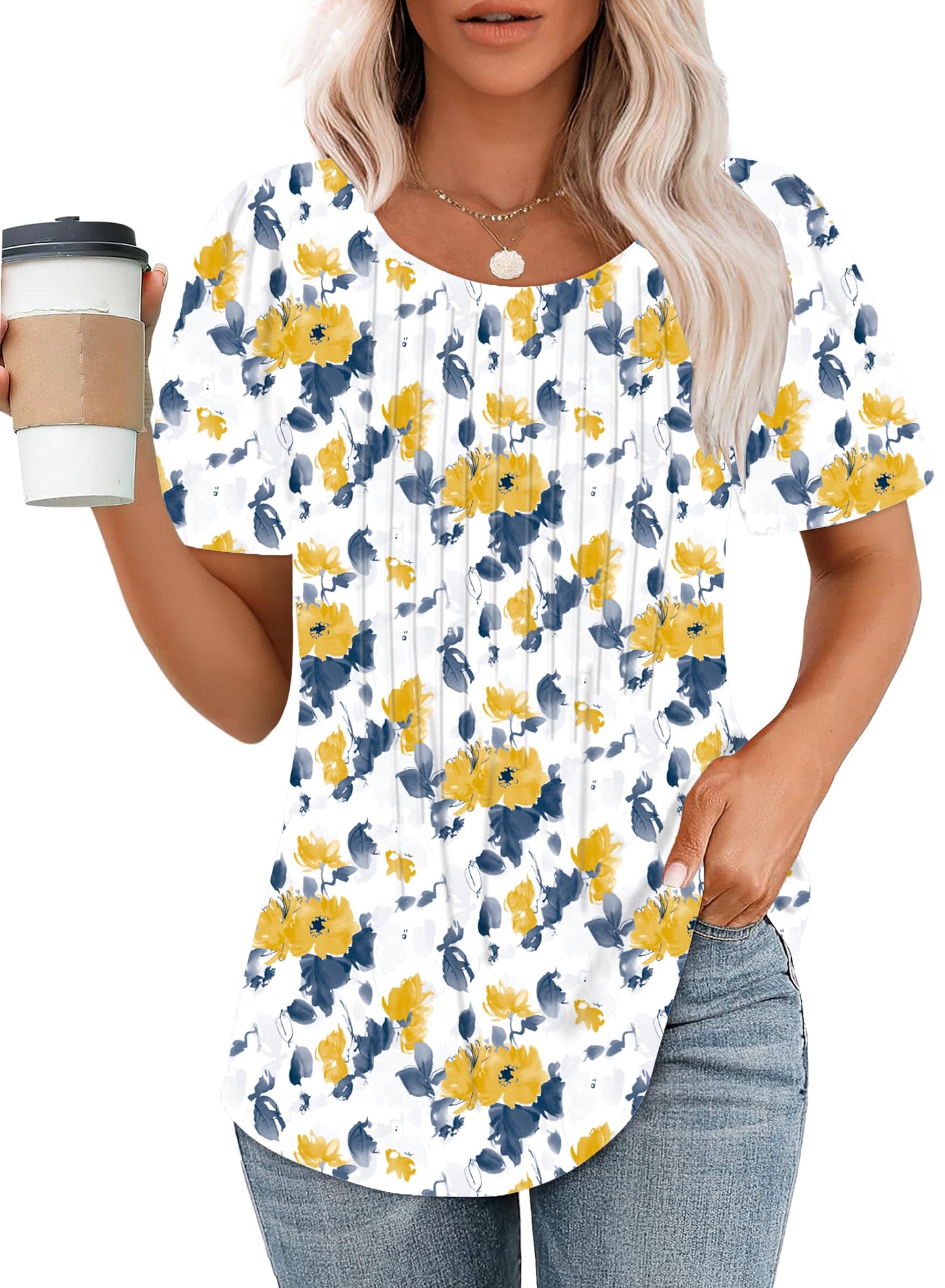 Cuptacc Tshirt Damen Rundhals Mit Falten Locker Puffärmel T-Shirt Elegant Kurzarm Geblümt/Einfarbig Top Damen