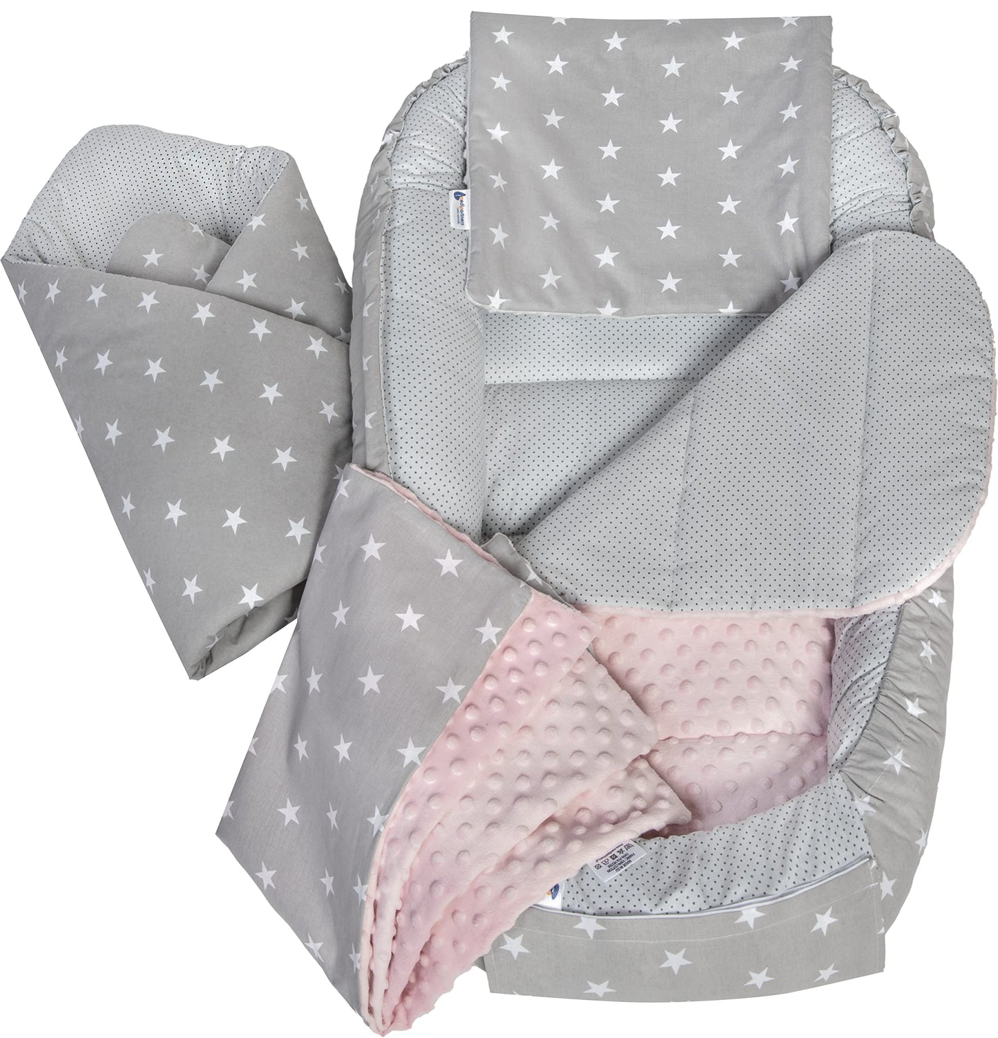 Medi Partners Babynest Nestchen Baby Set für Neugeborene - 100x60x15 Kuschelnest 5 teilig tragbar Nest zweiseitig Babynestchen Bett 100% Baumwolle (Lichtung mit grauem Minky)