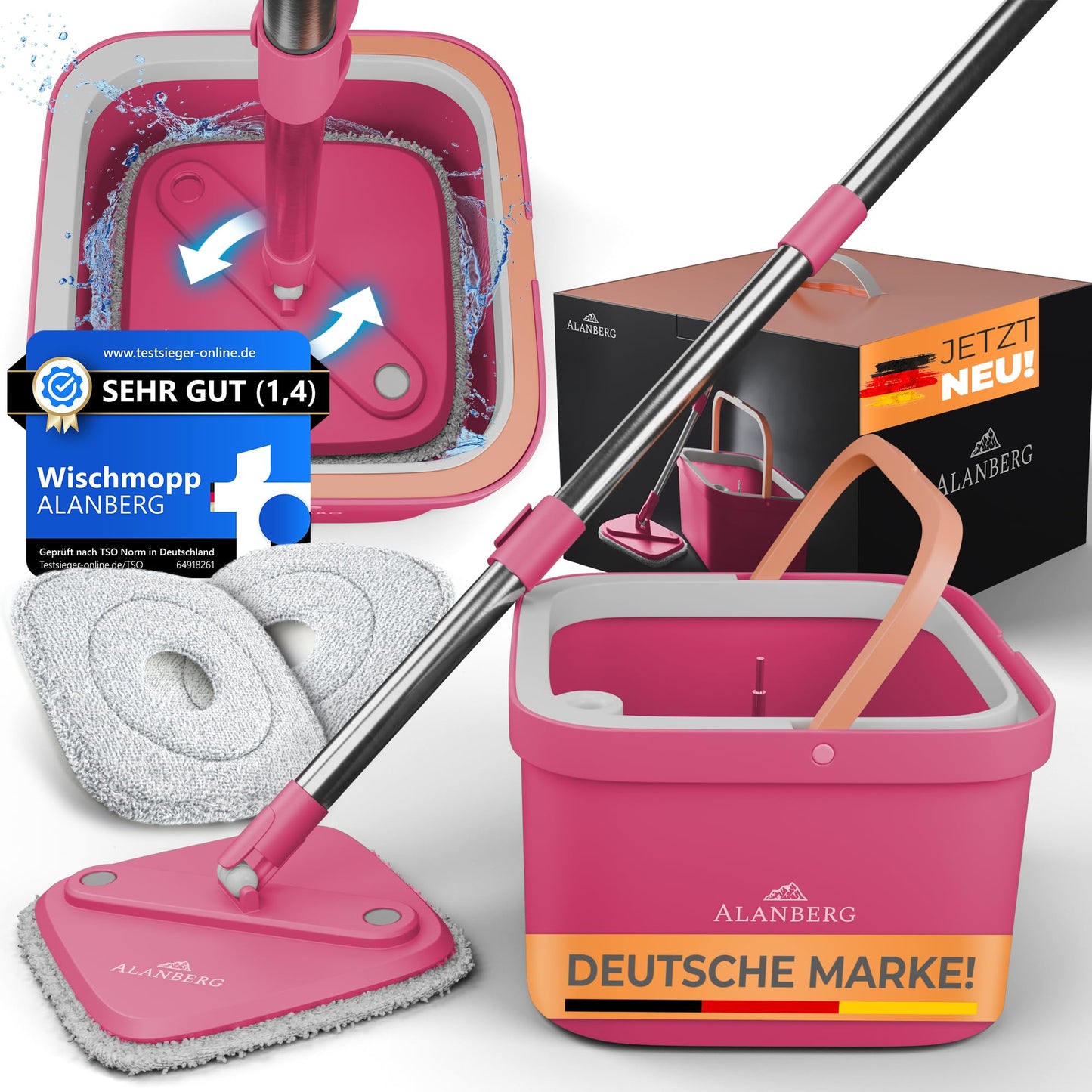 ALANBERG® Wischmopp Set mit Eimer – Zwei-Kammer-System – Trennung von Schmutz und Frischwasser – Bodenwischer für alle Bodentypen, Selbstauswringend, Mikrofaser Wischpads – Grau