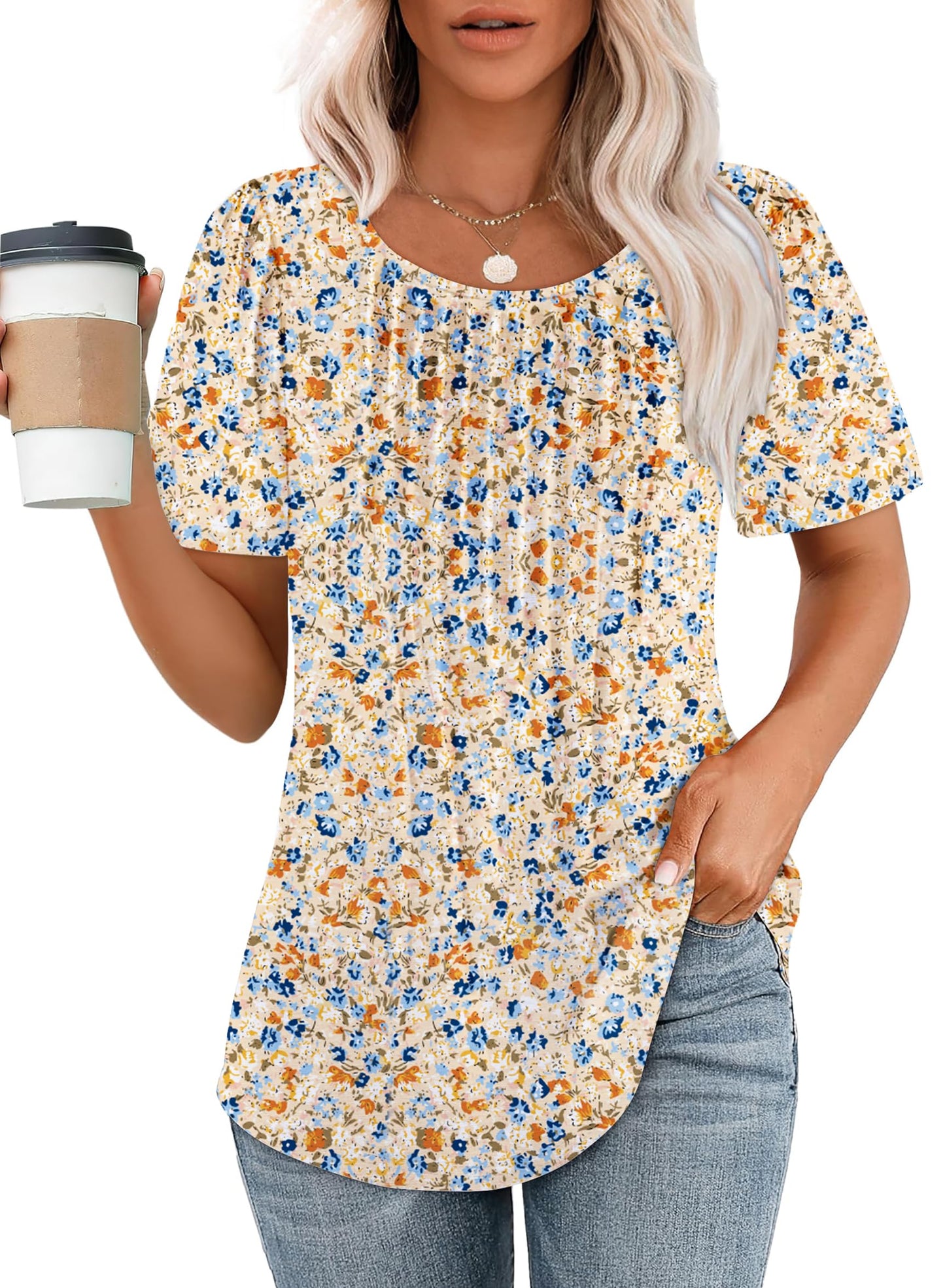 Cuptacc Tshirt Damen Rundhals Mit Falten Locker Puffärmel T-Shirt Elegant Kurzarm Geblümt/Einfarbig Top Damen
