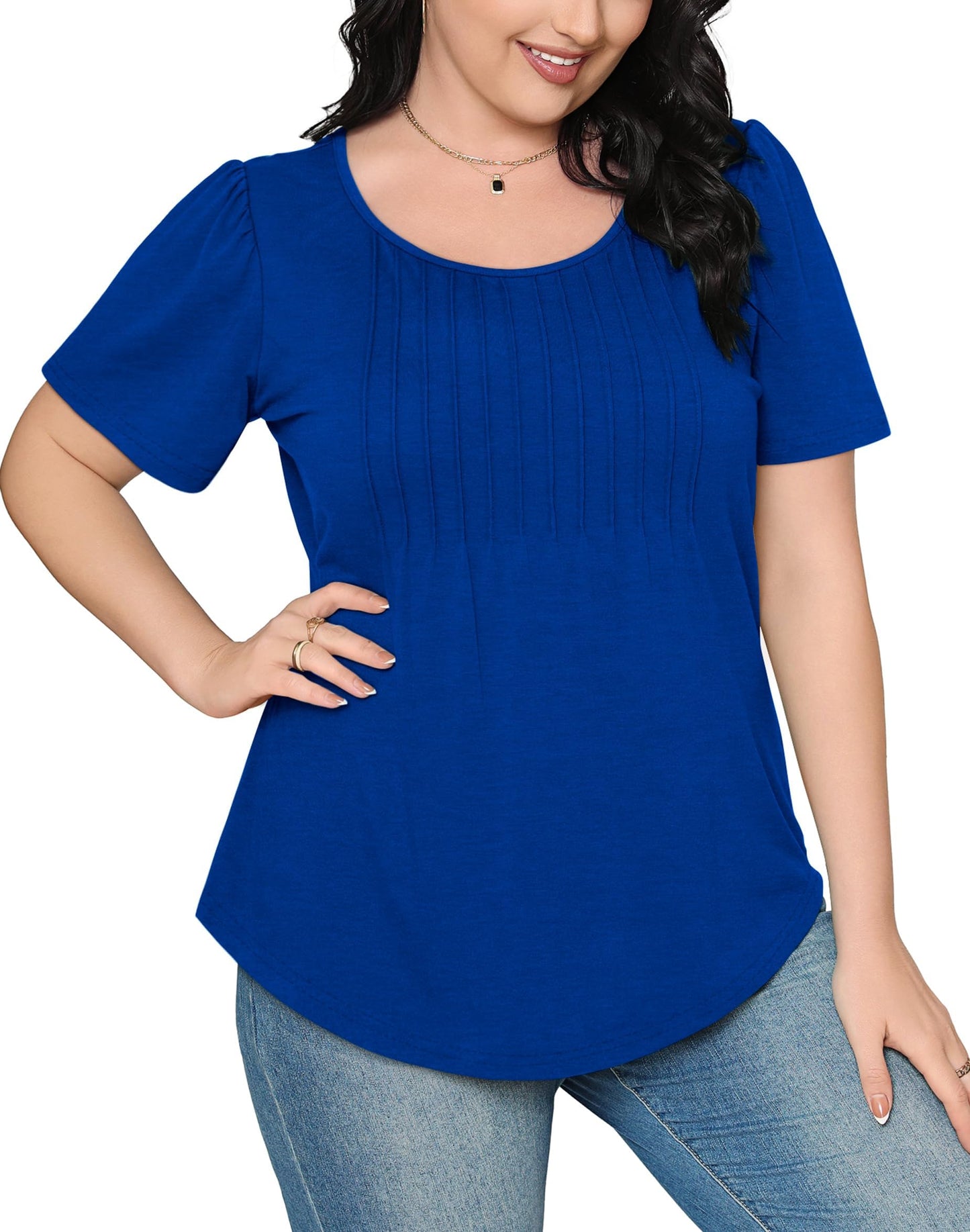 Cuptacc Tshirt Damen Rundhals Mit Falten Locker Puffärmel T-Shirt Elegant Kurzarm Geblümt/Einfarbig Top Damen
