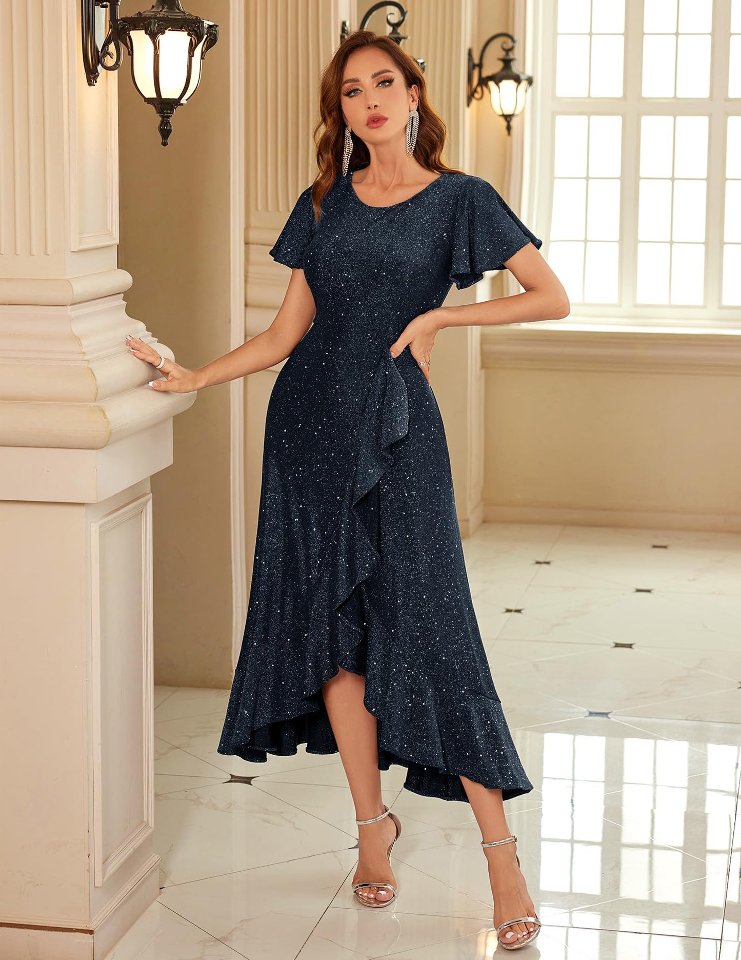 Berylove Damen Abendkleid Lang Glitzer Ballkleid mit Rüschen Saum Kleid Festliche Kleider für Hochzeit Partykleid