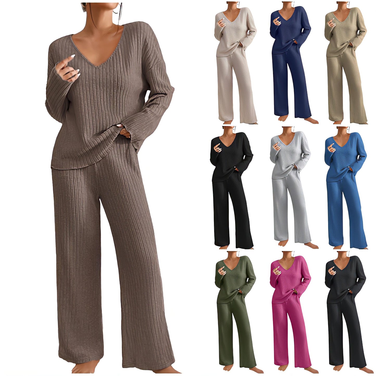 Hausanzug Damen Elegant Gestrickte Loungewear Einfarbig Strickanzug Langarm Schlafanzüge Zweiteiler V-Ausschnitt Homewear Locker Freizeitanzug Outfit Weites Bein Hose mit Taschen Lounge Set
