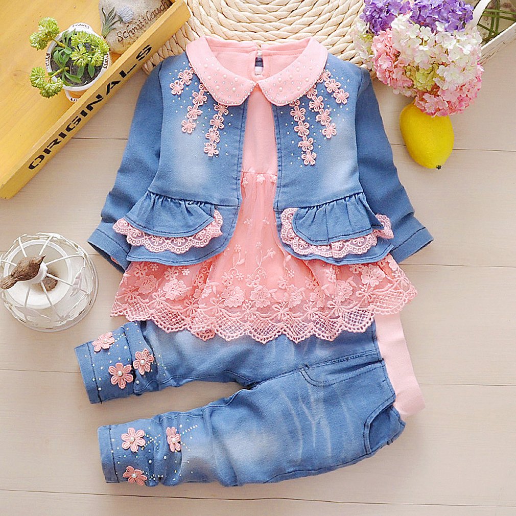 YYA 6M-4J Baby Mädchen Jeans 3-teiliger Anzug bestickter Spitzenrock Jeansjacke und Jeans