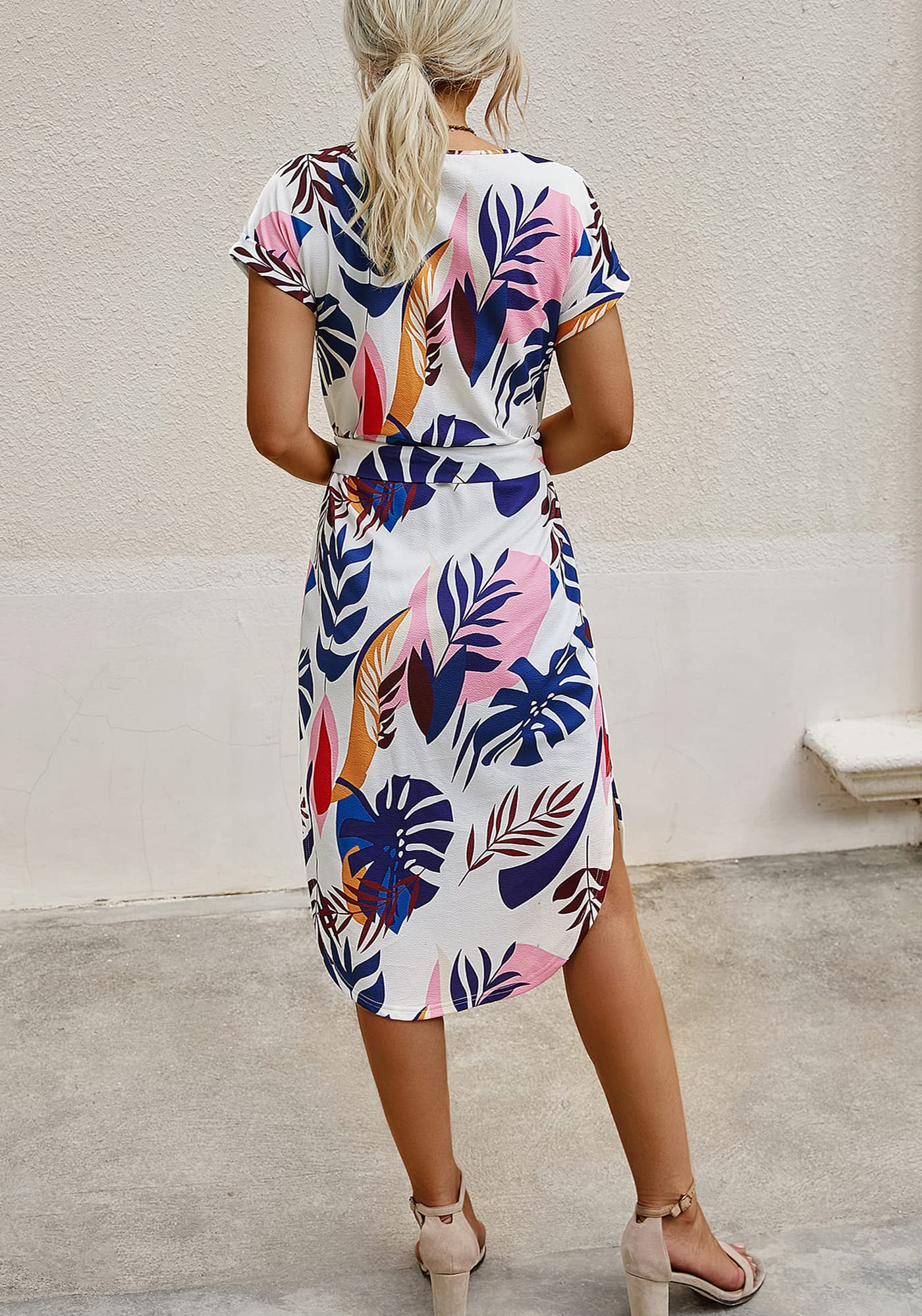 Ajpguot Sommerkleid Damen Elegant Kleider Kurzarm V-Ausschnitt Strandkleid Blumen Knielang Kleid mit Gürtel Partykleid Abendkleid