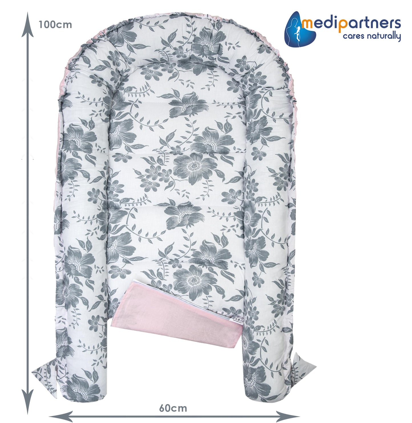 Medi Partners Babynest Nestchen Baby Set für Neugeborene - 100x60x15 Kuschelnest 5 teilig tragbar Nest zweiseitig Babynestchen Bett 100% Baumwolle (Lichtung mit grauem Minky)
