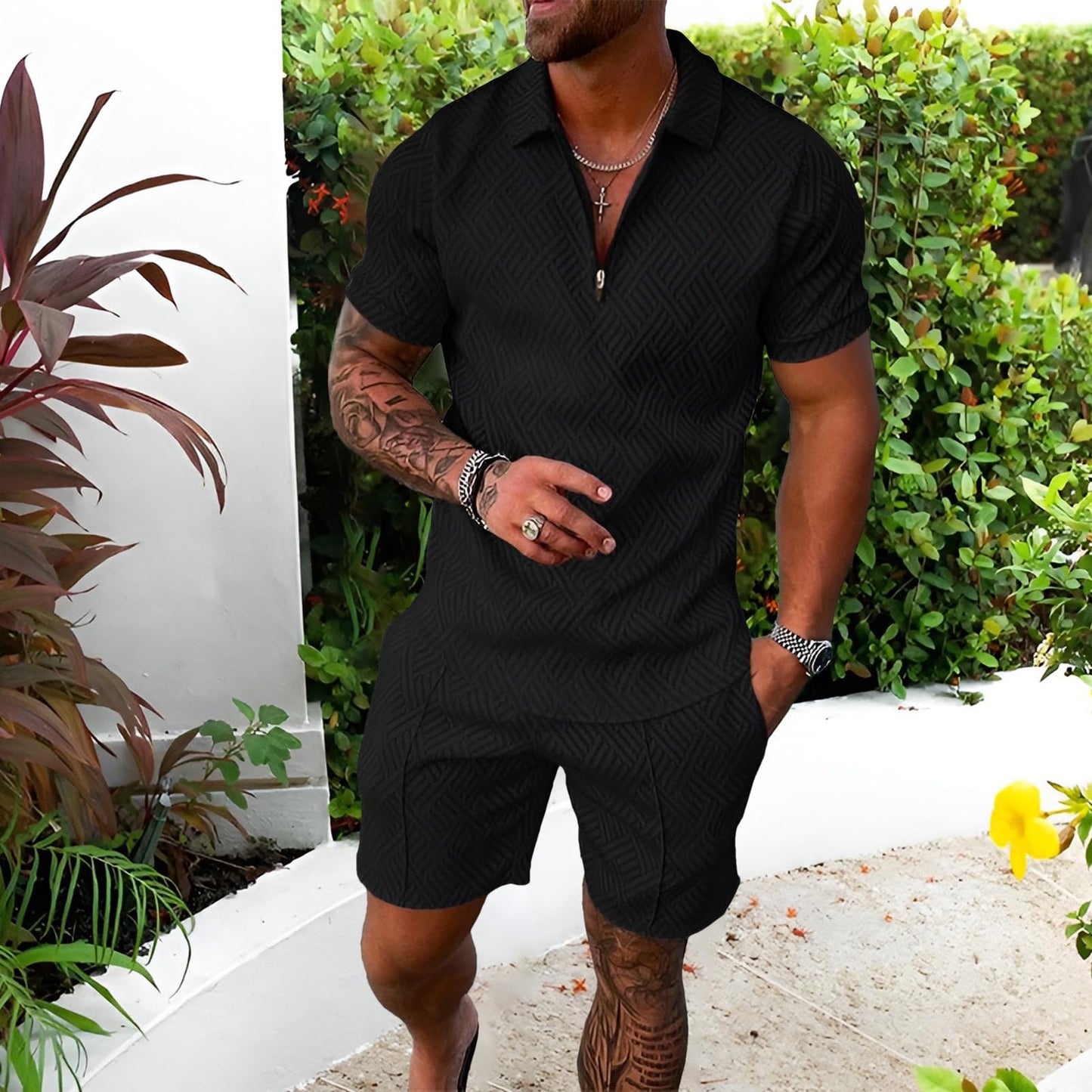 Herren Sportanzug Sommer Trainingsanzug Kurzarm Reißverschluss Top und Shorts Kleidung Set