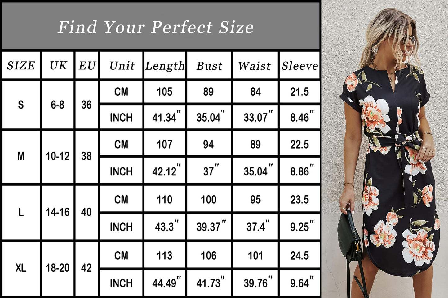 Ajpguot Sommerkleid Damen Elegant Kleider Kurzarm V-Ausschnitt Strandkleid Blumen Knielang Kleid mit Gürtel Partykleid Abendkleid