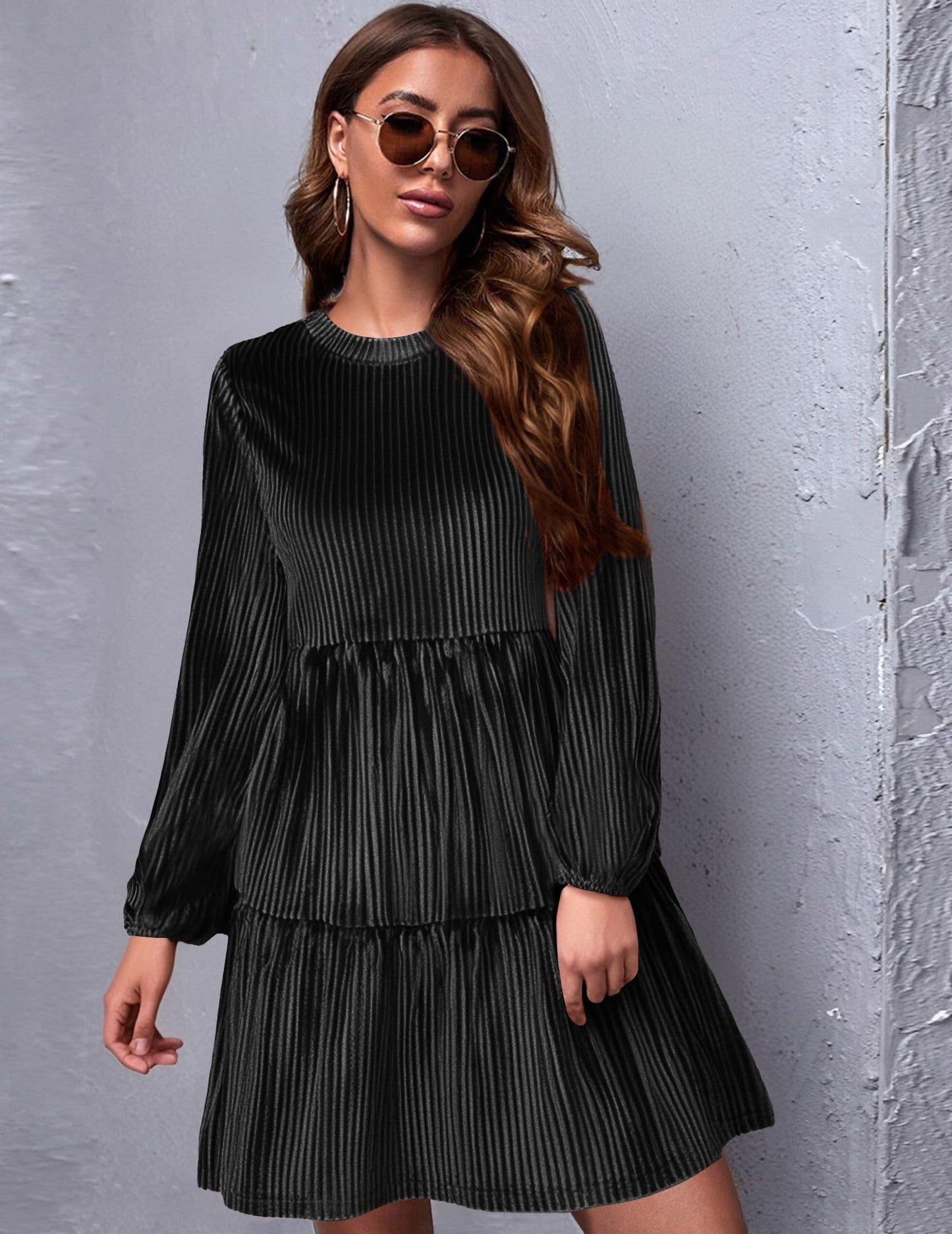 Zeagoo Damen Kleider Langarm Elegant Samtkleid Rundhals Rüschen A Linie Hohe Taille Freizeitkleider Winterkleid mit Taschen