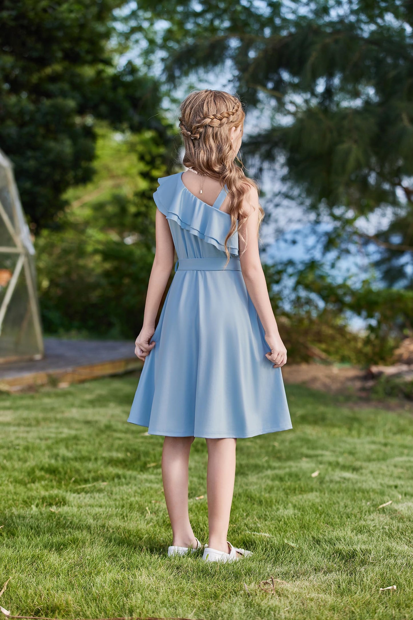 Arshiner Mädchen Kleider Eine-Schulter Kinderkleider Sommer Festliches Kleid Rüschenkragen Elegant Partykleider Swingkleid mit Gürtel ärmelloses Kleid für Mädchen 5-13 Jahre
