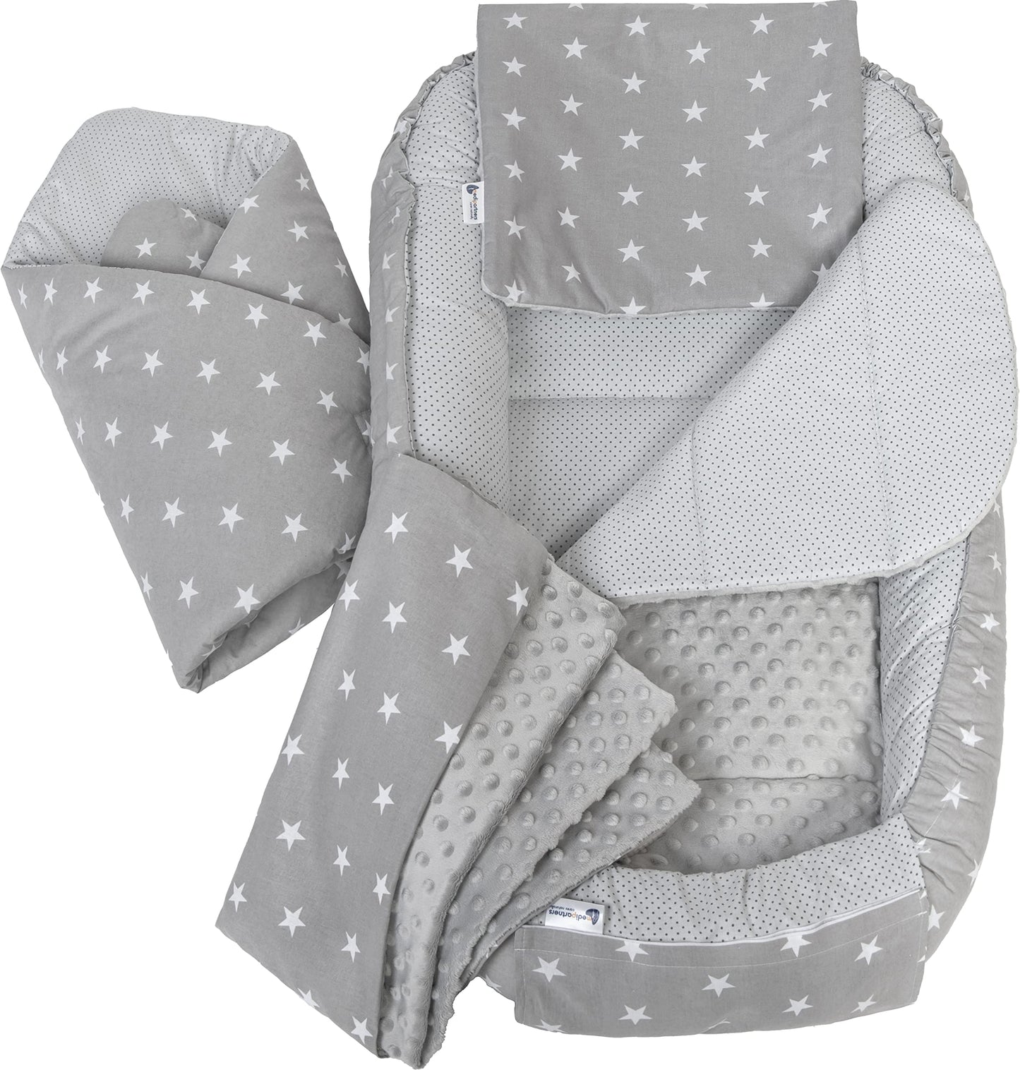 Medi Partners Babynest Nestchen Baby Set für Neugeborene - 100x60x15 Kuschelnest 5 teilig tragbar Nest zweiseitig Babynestchen Bett 100% Baumwolle (Lichtung mit grauem Minky)