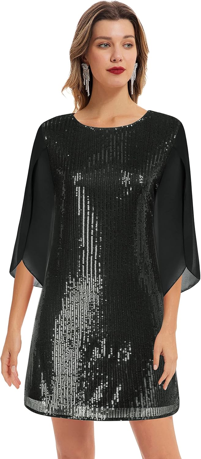 GRACE KARIN Damen Pailletten Kleid 3/4 Ärmel Party Cocktailkleid Club Glitzer Kleid Vintage MidiKleid Festlich Abendkleid