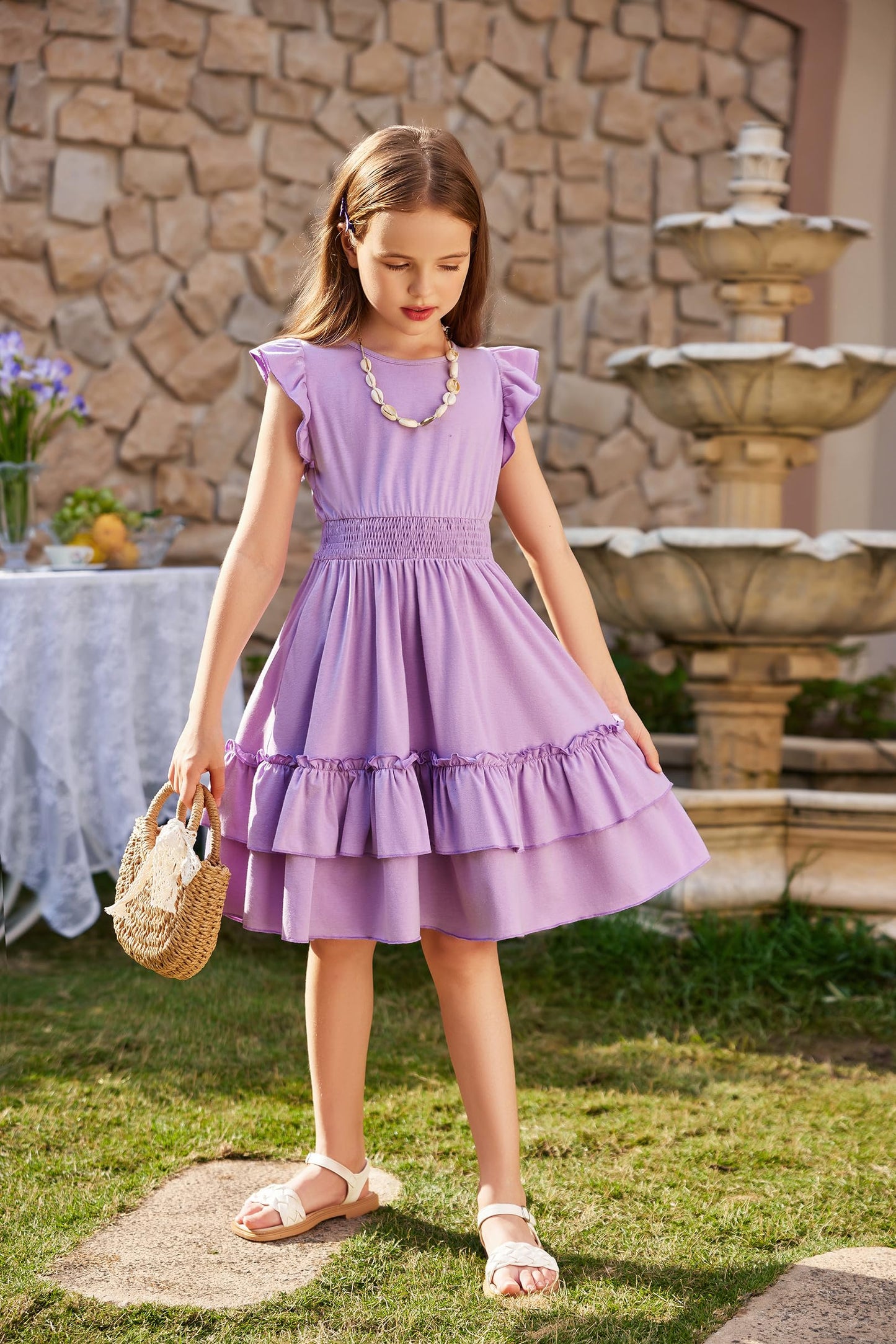 Arshiner Mädchen Kleider Flatterärmel Kinder Sommer Baumwolle Festliche Kleid A-Linie Taille Einschnüren Freizeitkleid Swingkleid Elegant ärmelloses Kleid für Mädchen 5-13 Jahre