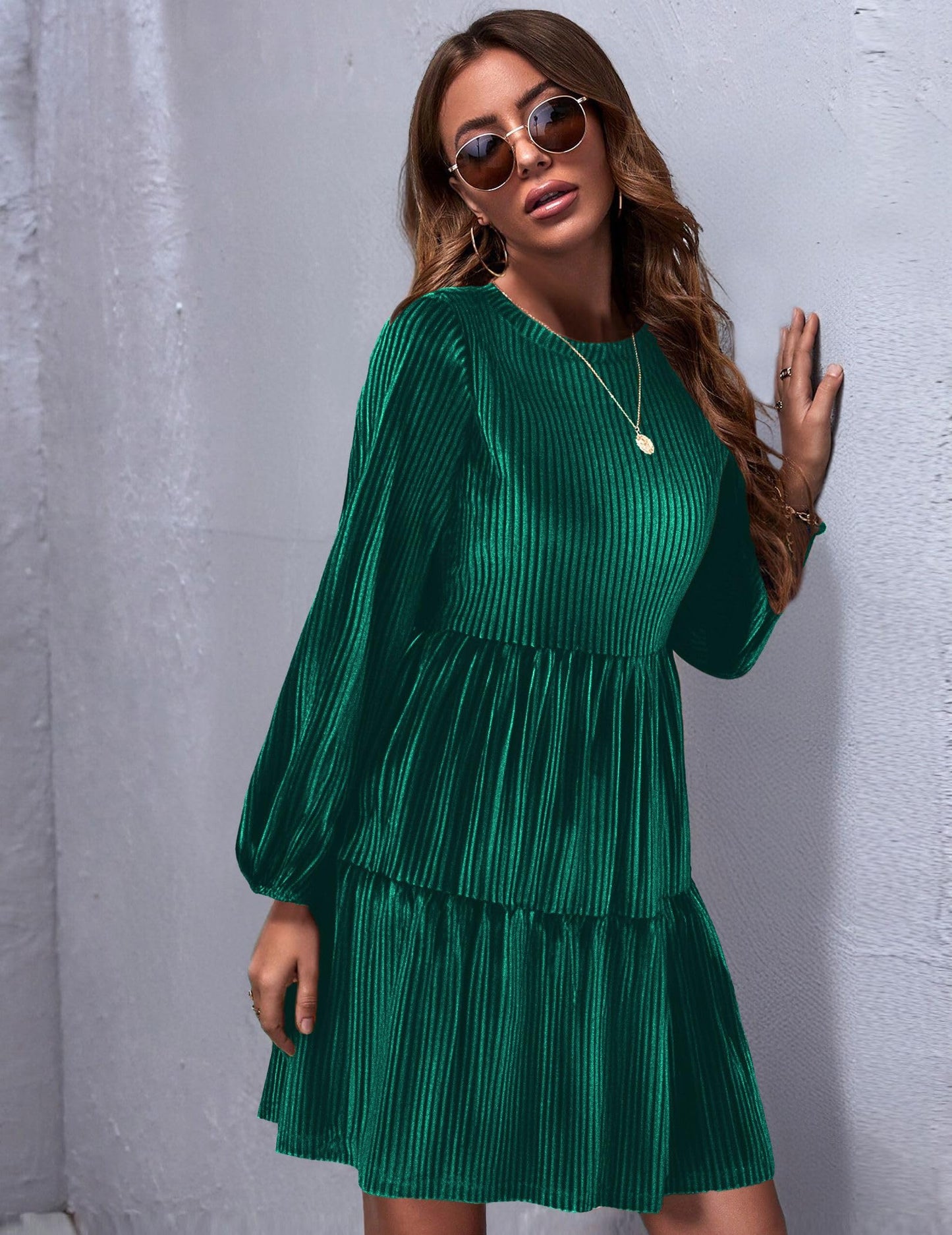 Zeagoo Damen Kleider Langarm Elegant Samtkleid Rundhals Rüschen A Linie Hohe Taille Freizeitkleider Winterkleid mit Taschen