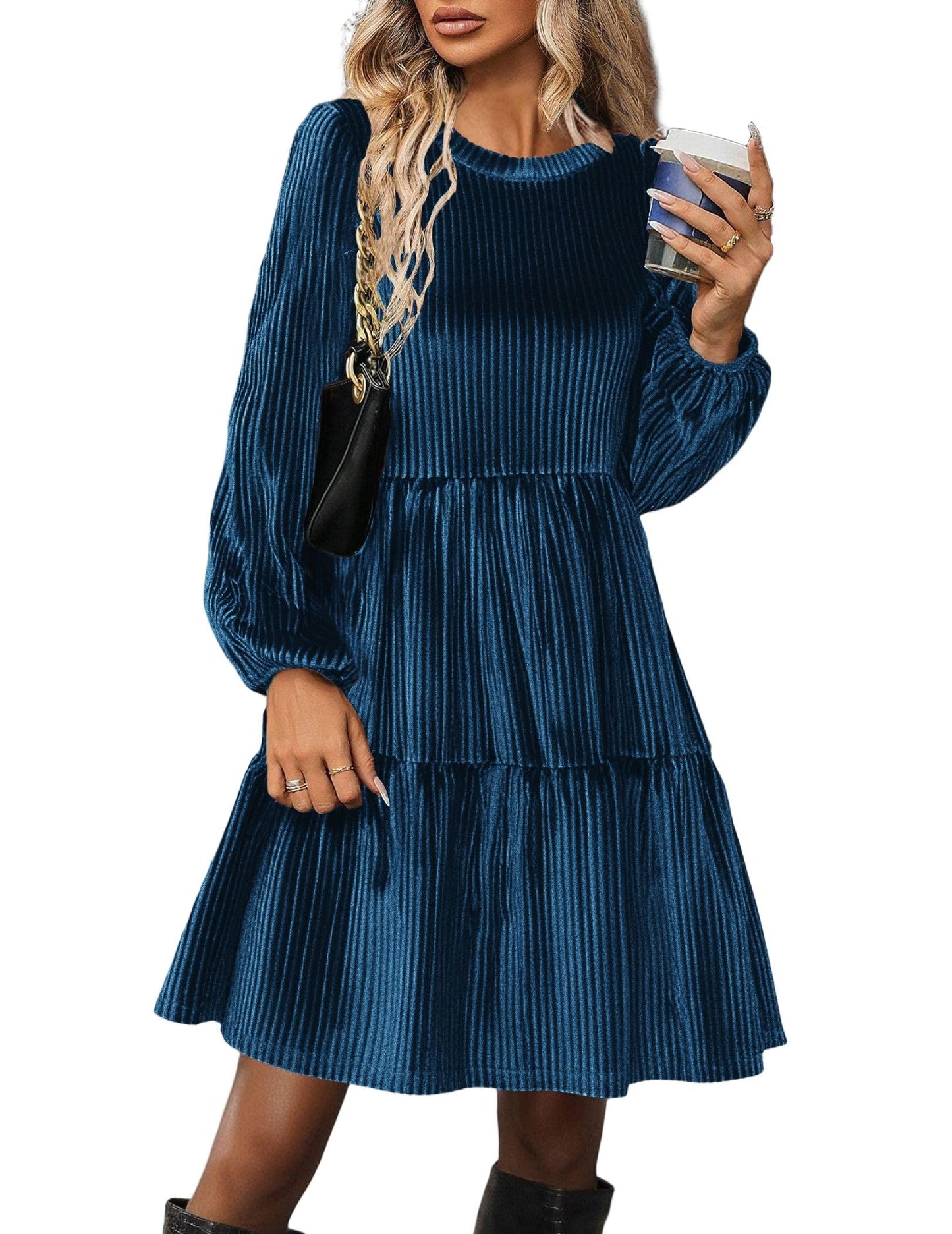 Zeagoo Damen Kleider Langarm Elegant Samtkleid Rundhals Rüschen A Linie Hohe Taille Freizeitkleider Winterkleid mit Taschen
