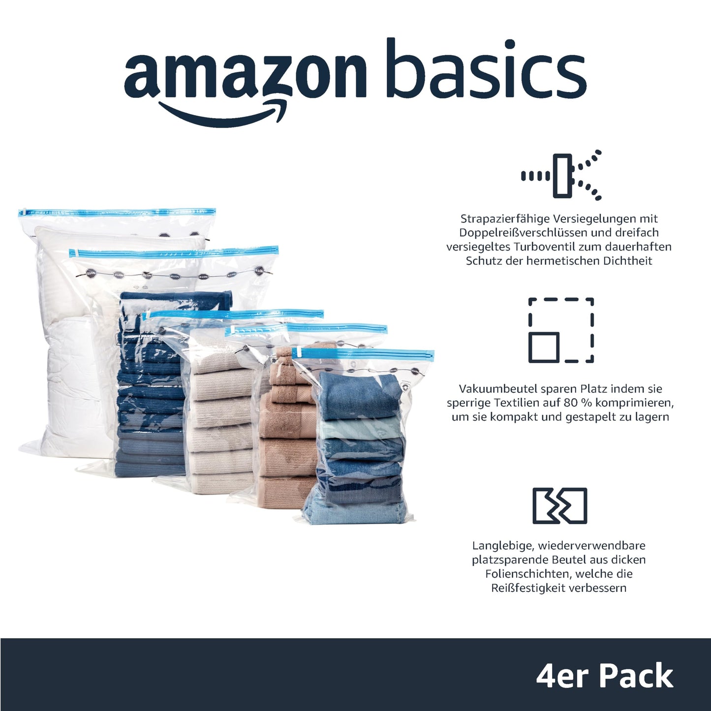 Amazon Basics Vakuumbeutel für Kleidung mit Luftdichtem Ventil und Handpumpe - Jumbo, 6er-Pack, Reißverschluss, Durchsichtig