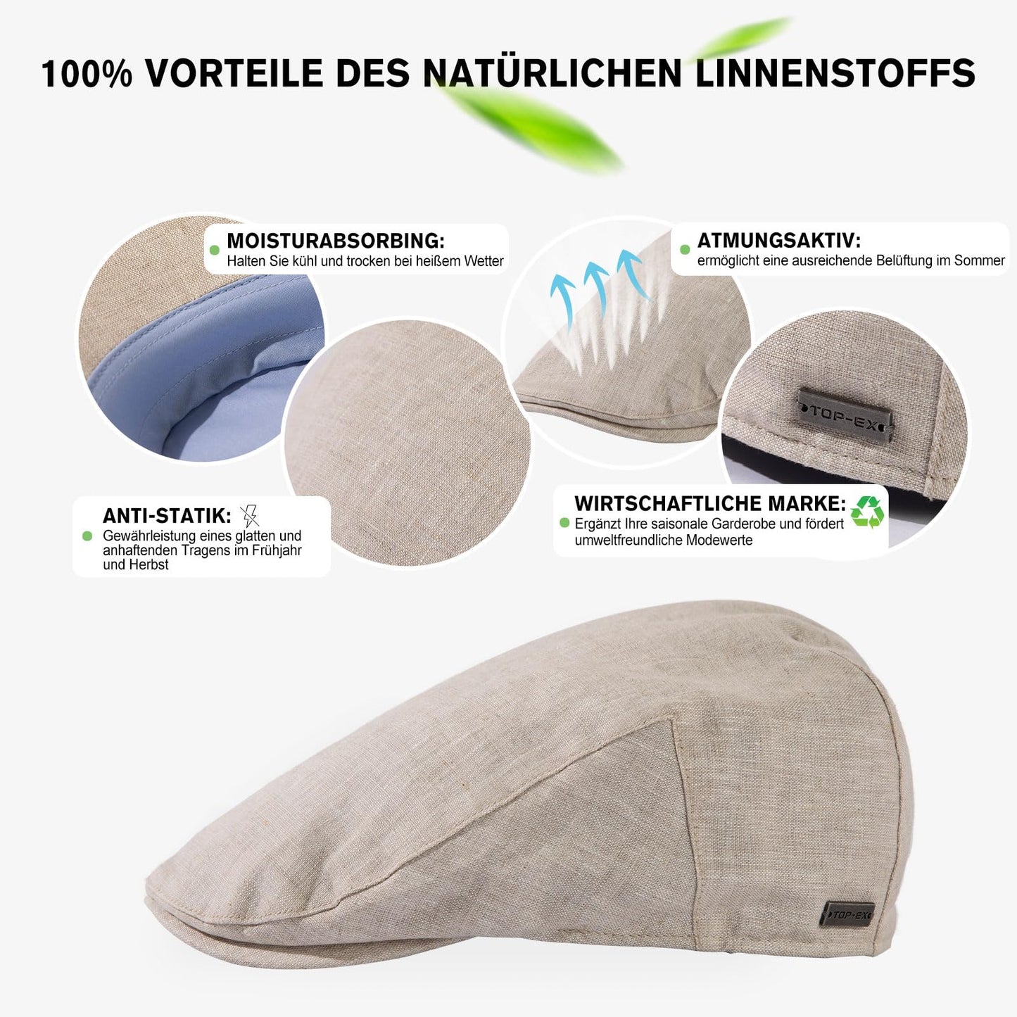 TOP-EX 100% Leinen Schiebermütze Herren Sonnenhut Sommer Schirmmuetze