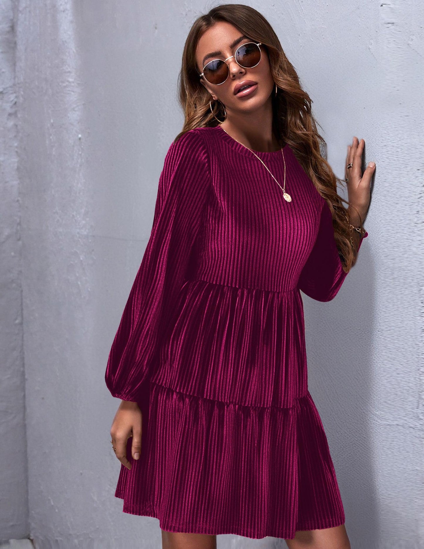 Zeagoo Damen Kleider Langarm Elegant Samtkleid Rundhals Rüschen A Linie Hohe Taille Freizeitkleider Winterkleid mit Taschen