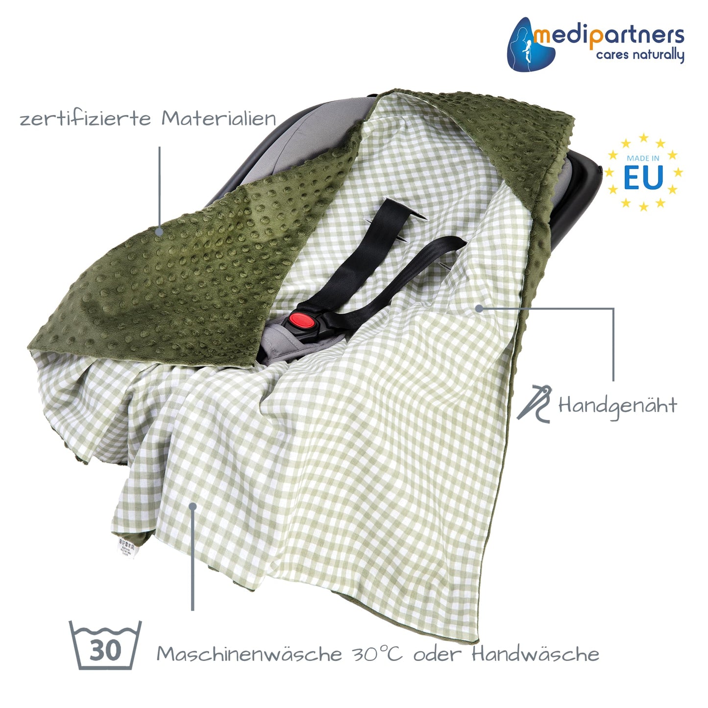 Medi Partners Einschlagdecke Baby Babyschale 100% Baumwolle für Sommer 85x85cm Kinderwagen Kuscheldecke universal Baby Decke Einschlagdecken Babydecke Buggy Autositz (weiße Sterne mit grauen Minky