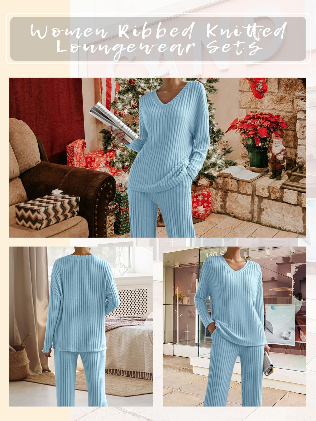 CheChury Zweiteiler Damen Lounge Set V-Ausschnitt Einfarbig Loungewear Gerippt Shirt Top Langärm mit Hose 2-Teiliges Hausanzug Jogginganzug Loungewear Nachtwäsche Hauskleidung Freizeit Outfit