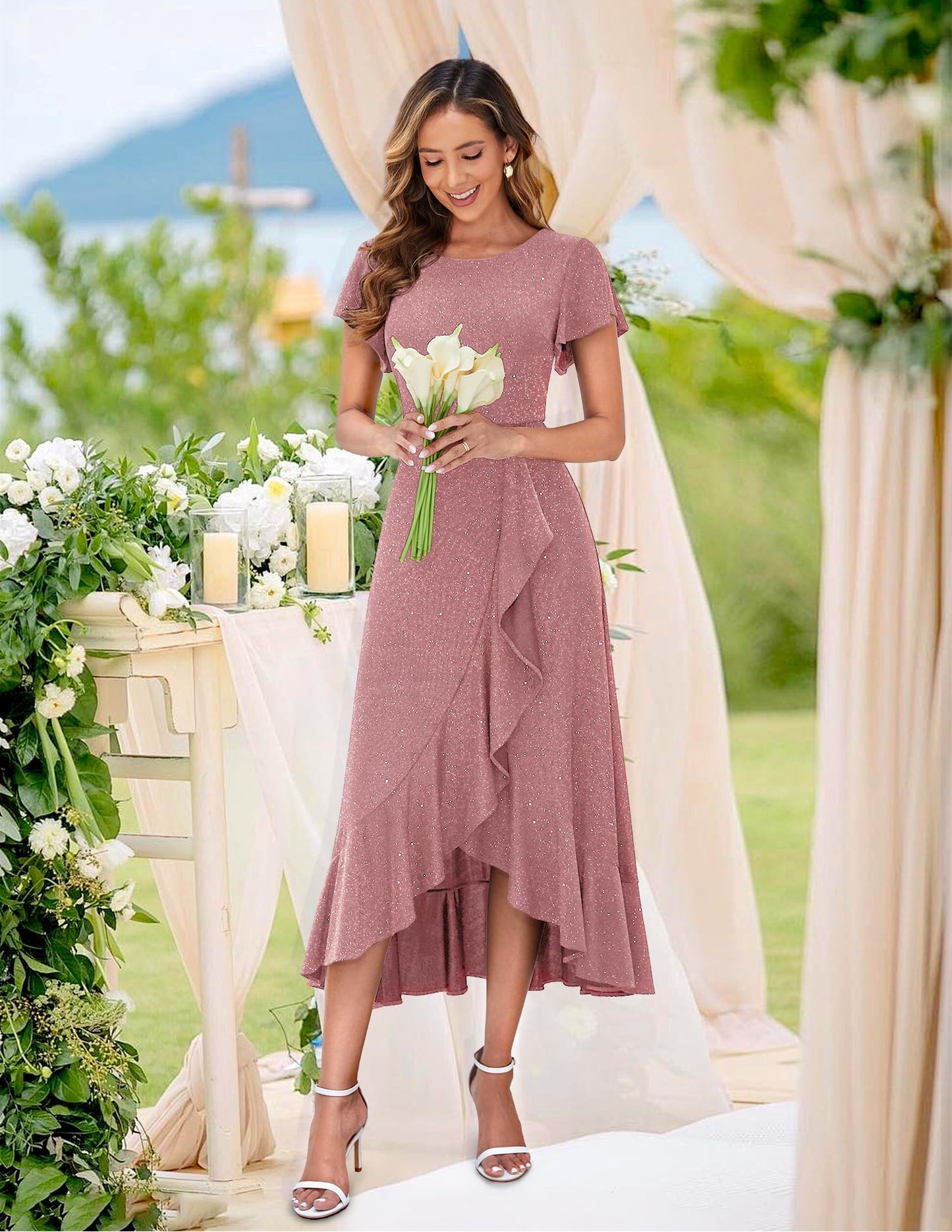 Berylove Damen Abendkleid Lang Glitzer Ballkleid mit Rüschen Saum Kleid Festliche Kleider für Hochzeit Partykleid