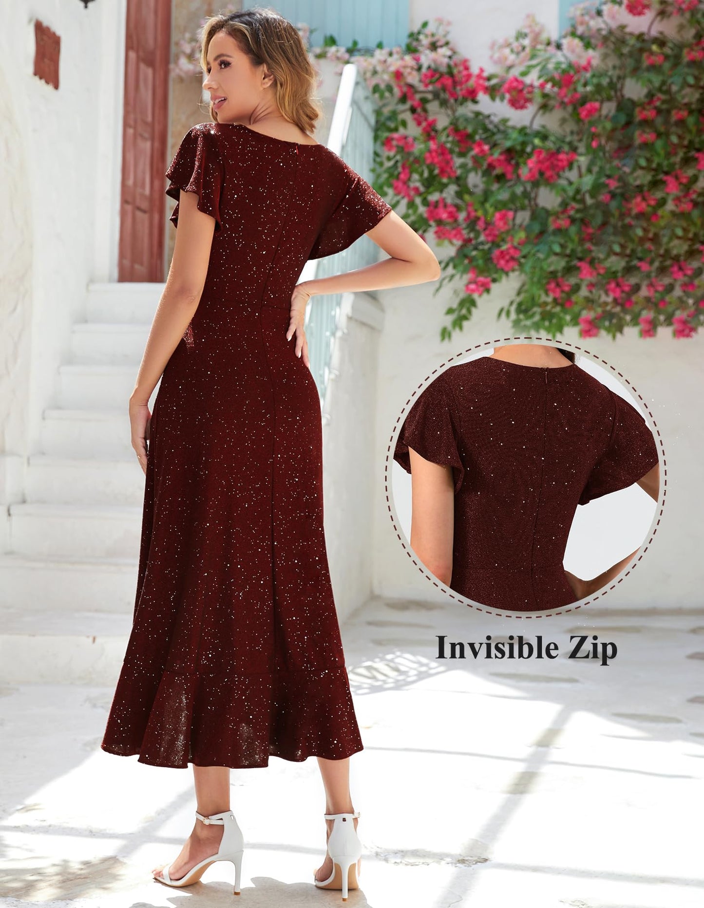 Berylove Damen Abendkleid Lang Glitzer Ballkleid mit Rüschen Saum Kleid Festliche Kleider für Hochzeit Partykleid