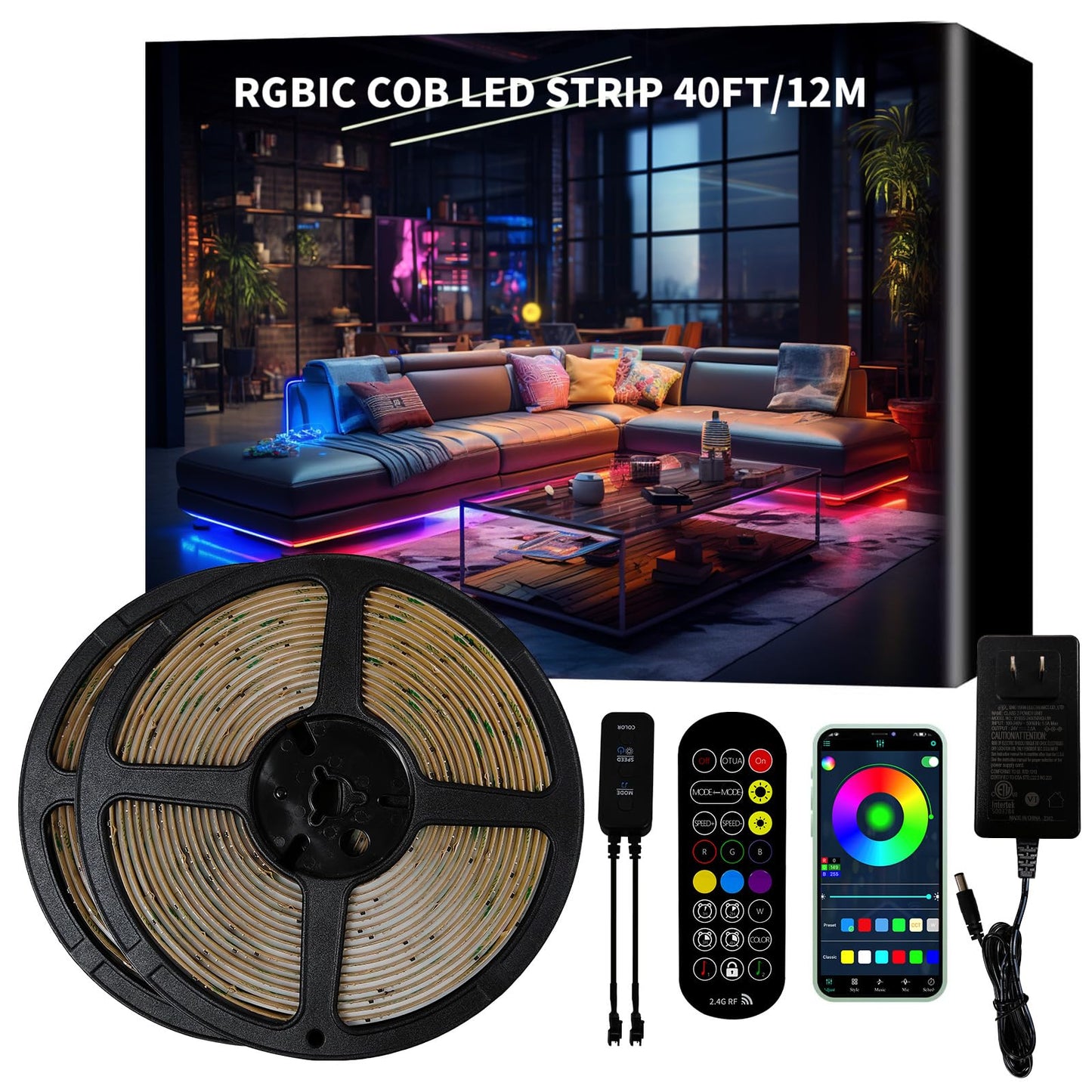 BUNACET COB RGB LED Strip 6M 24V Dimmbar, LED Streifen 3456 LEDs, Leiste Band Stripes Lichtband mit Netzteil RF Fernbedienung & APP Bluetooth für Küche Schlafzimmer Deko