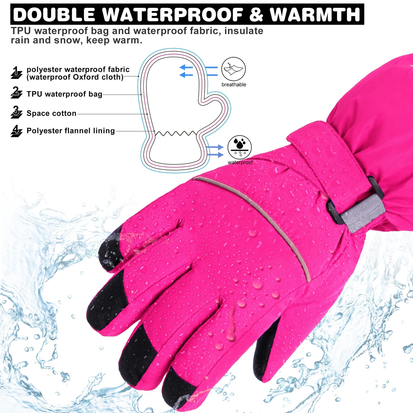 ThxToms Children's Ski Gloves, Winter Ski Gloves, -15°C, Windproof, Waterproof, Warm, Oxford Palm, Thickened for Cold Weather, Outdoor Sports, Snowboarding, Skiing, for Boys and Girls