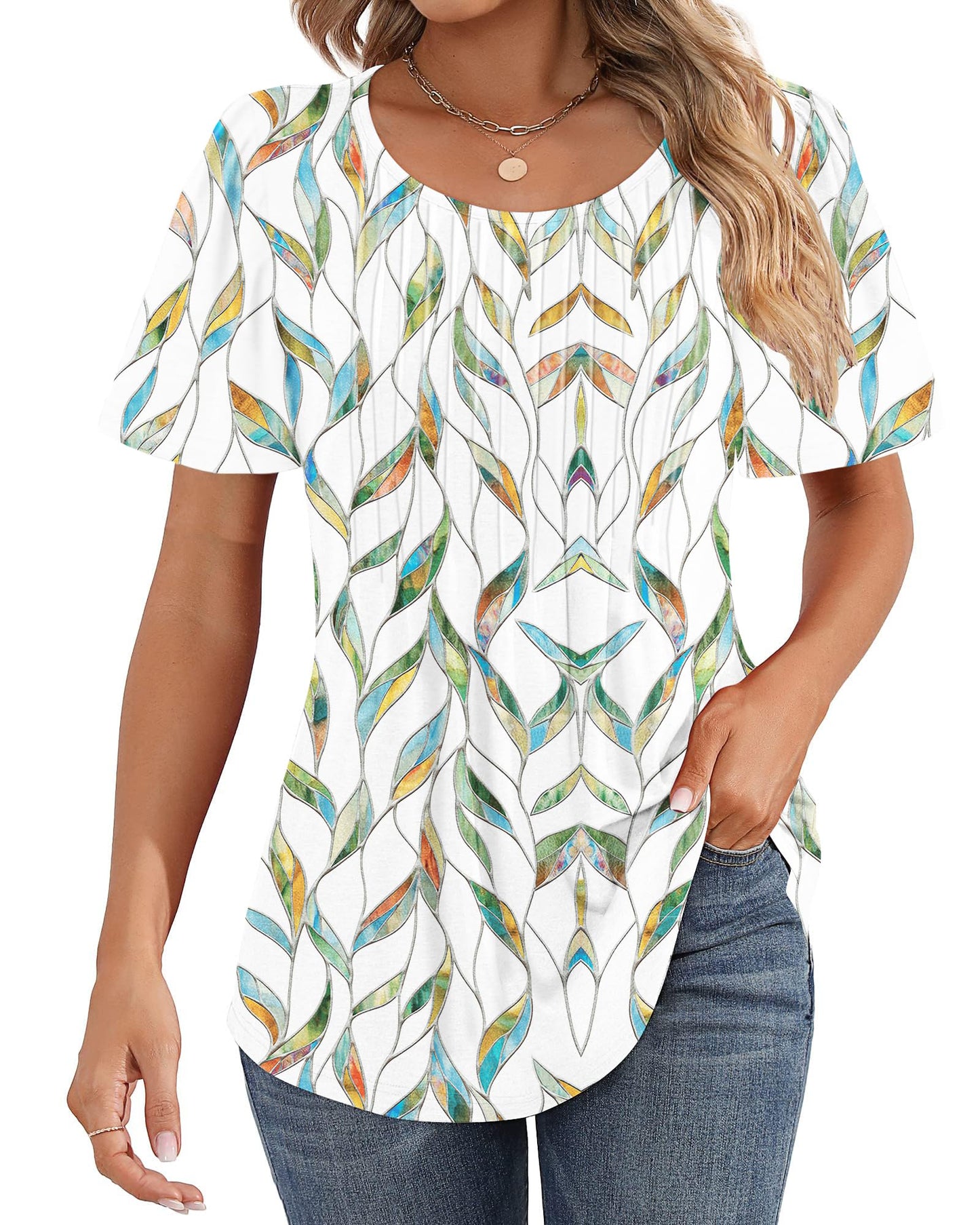Cuptacc Tshirt Damen Rundhals Mit Falten Locker Puffärmel T-Shirt Elegant Kurzarm Geblümt/Einfarbig Top Damen