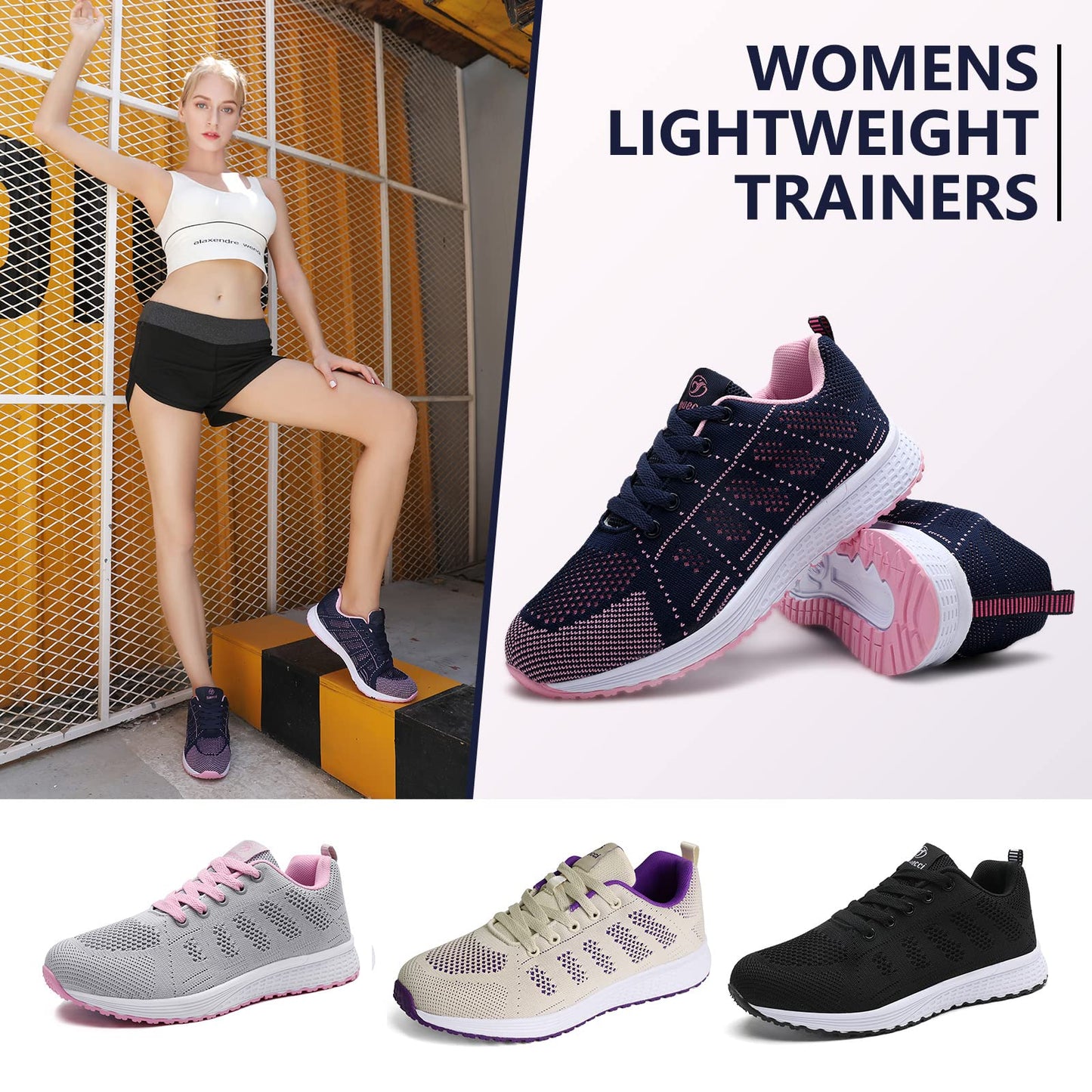 ANBIWANGLUO Damen Turnschuhe Sportliche Laufschuhe Schnürschuhe Atmungsaktive Outdoor Cross Trainer zum Joggen