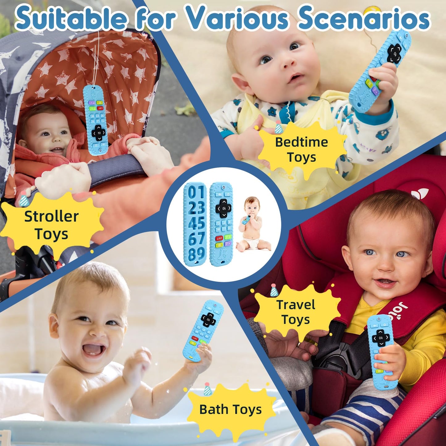 Zahnen Beißringe Spielzeug für Babys 0-6-12 Monate Geschenke, Fernbedienung Baby Zahnungshilfe für 3 6 9 Monate Kleinkind Autismus, Lebensmittelqualität Silikon Badespielzeug, Schwarz