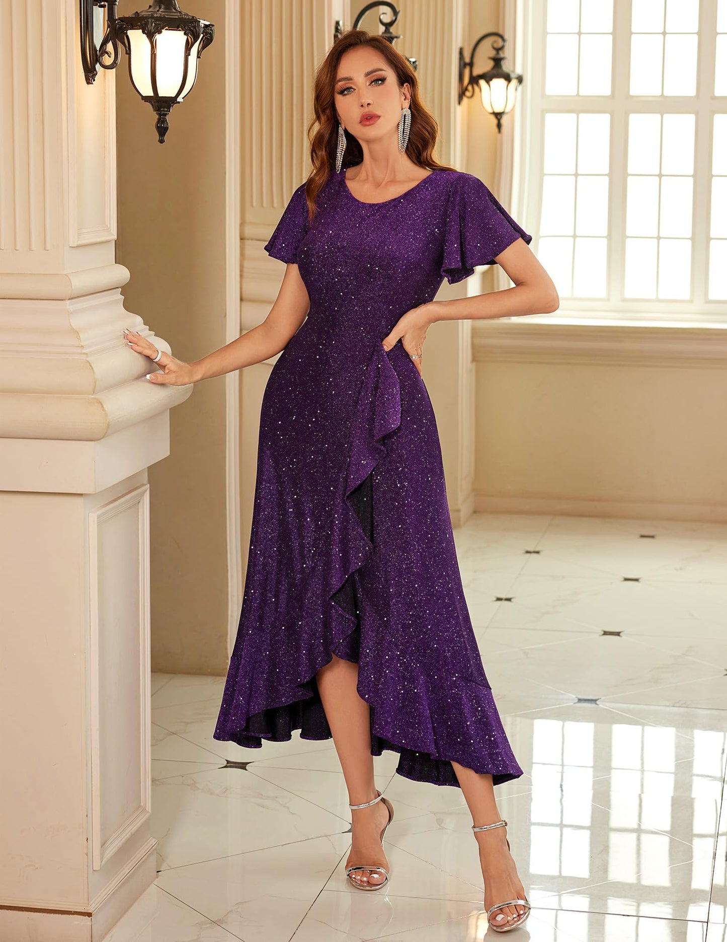 Berylove Damen Abendkleid Lang Glitzer Ballkleid mit Rüschen Saum Kleid Festliche Kleider für Hochzeit Partykleid